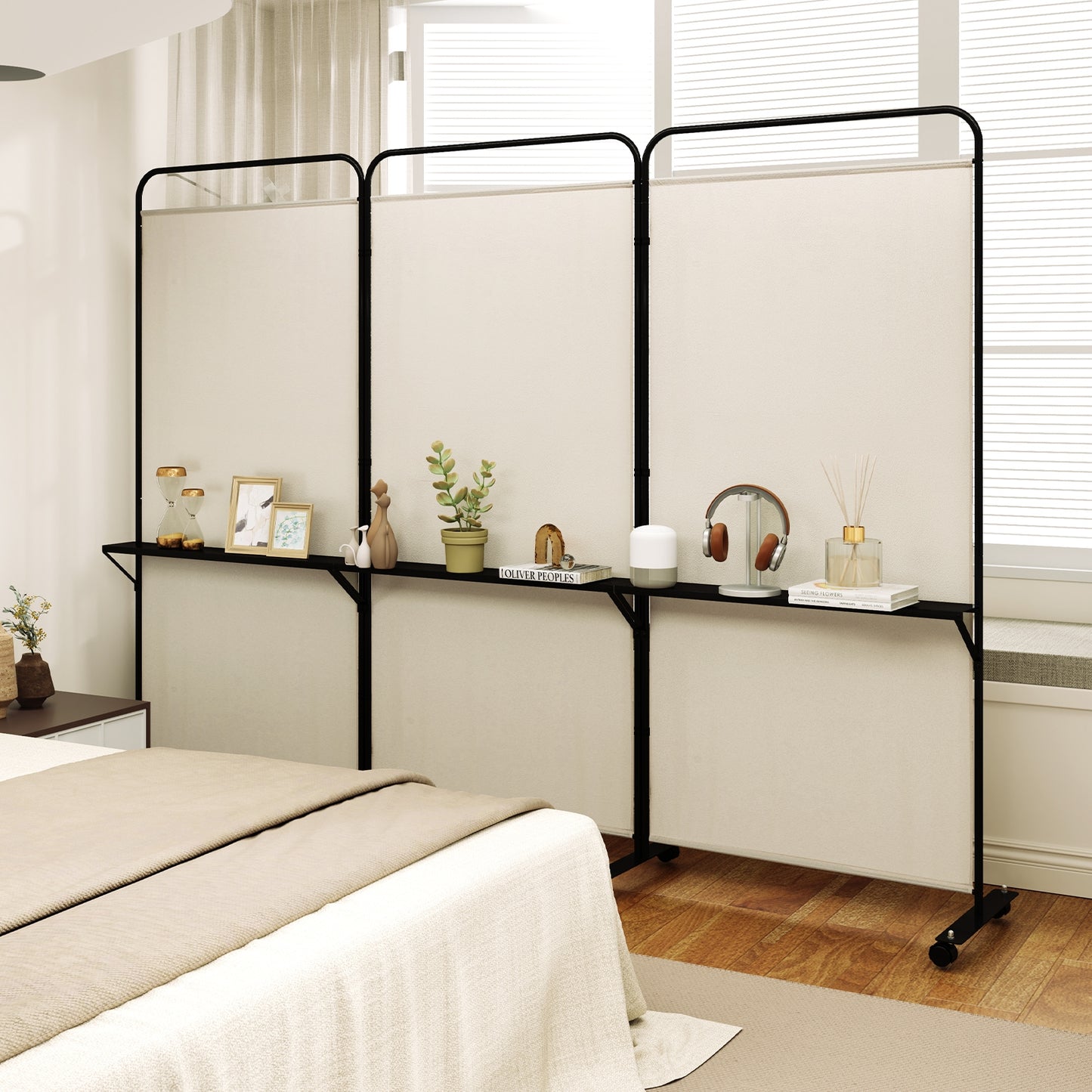 3-Panel Rolling Privacy Screen with 3 Metal Shelves and 180° Swivel Hinges - Beige