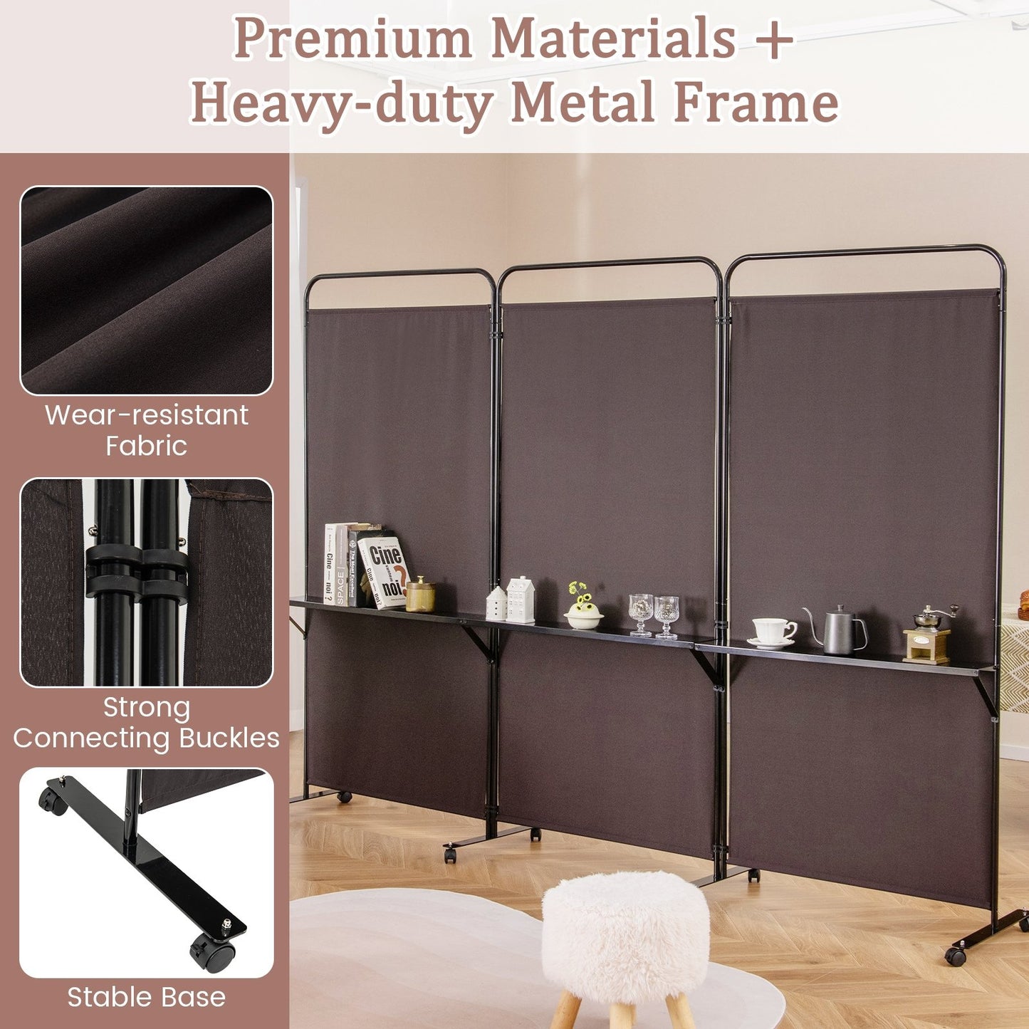 3-Panel Rolling Privacy Screen with 3 Metal Shelves and 180° Swivel Hinges - Brown