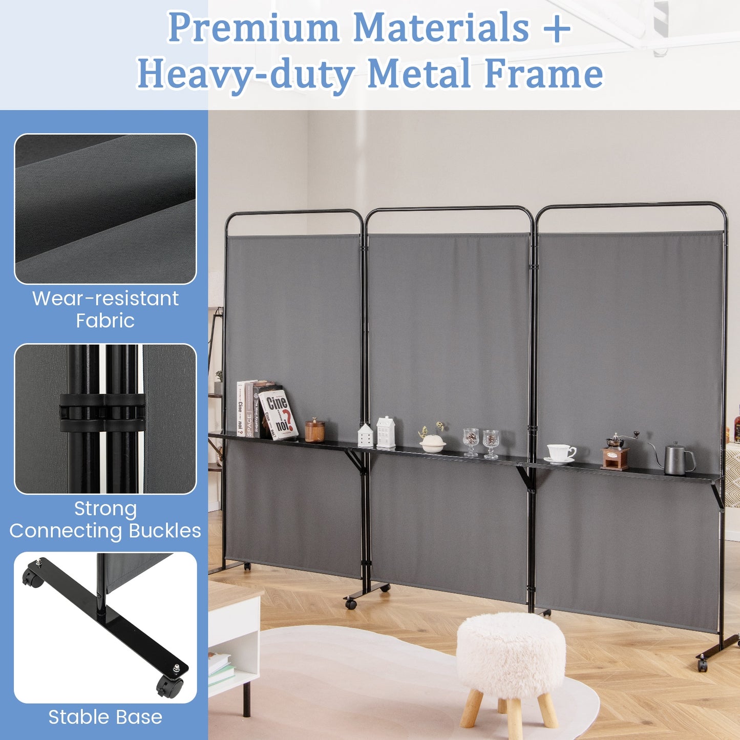 3-Panel Rolling Privacy Screen with 3 Metal Shelves and 180° Swivel Hinges - Grey