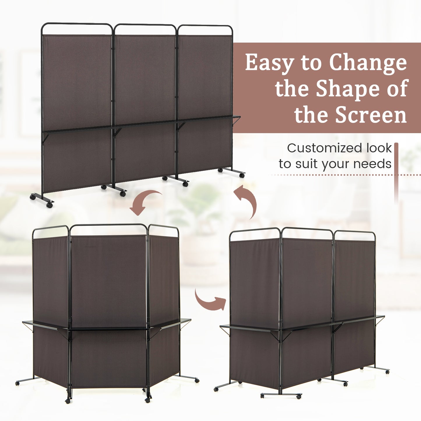 3-Panel Rolling Privacy Screen with 3 Metal Shelves and 180° Swivel Hinges - Brown