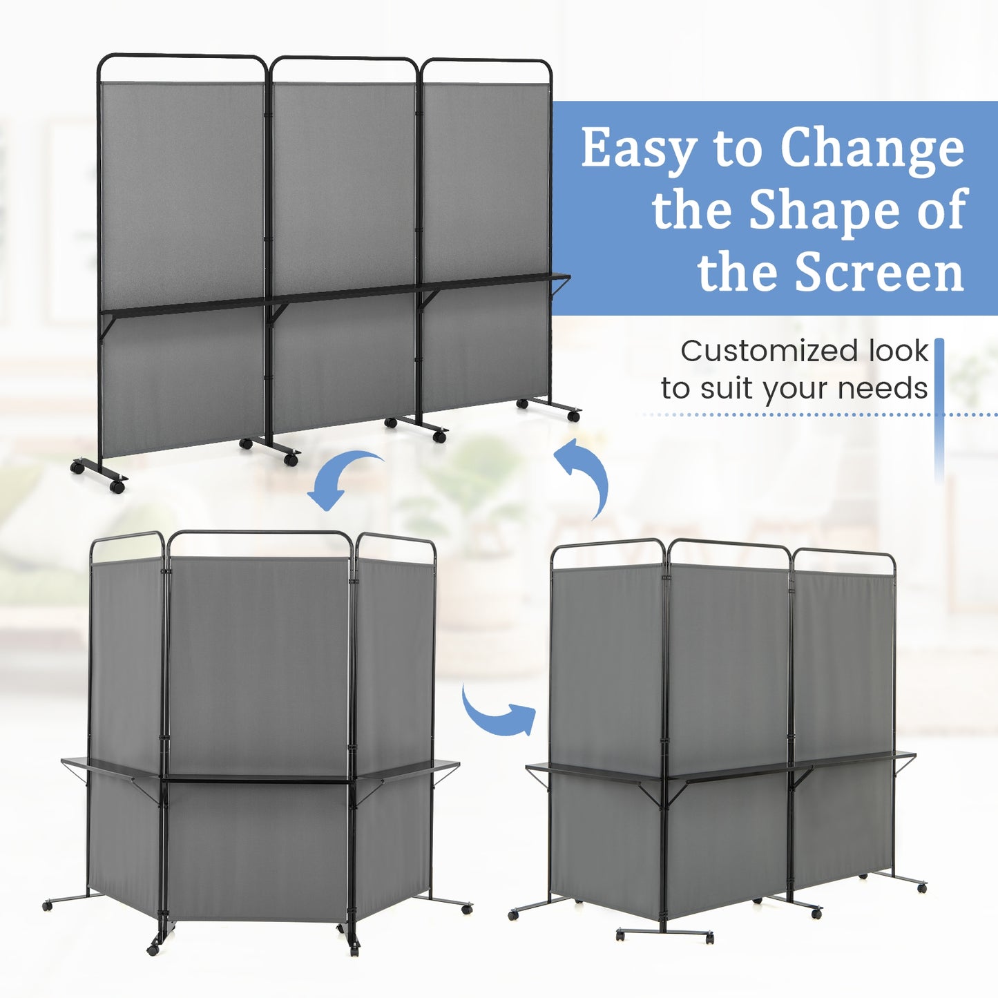 3-Panel Rolling Privacy Screen with 3 Metal Shelves and 180° Swivel Hinges - Grey