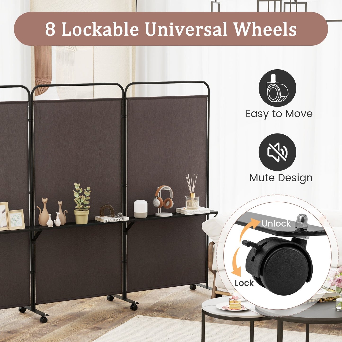 3-Panel Rolling Privacy Screen with 3 Metal Shelves and 180° Swivel Hinges - Brown
