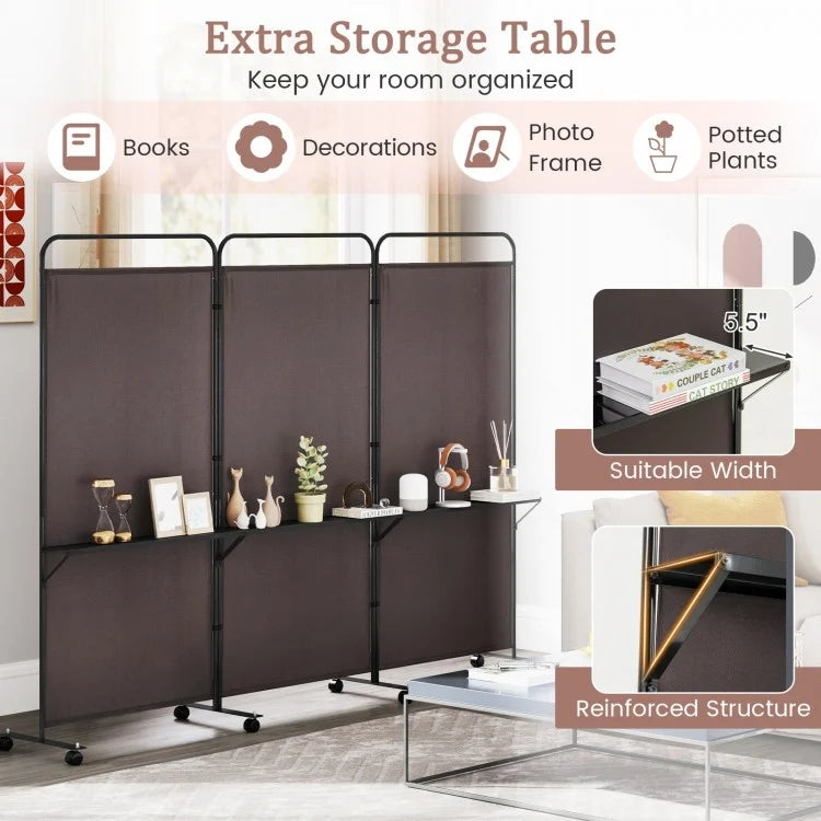 3-Panel Rolling Privacy Screen with 3 Metal Shelves and 180° Swivel Hinges - Brown