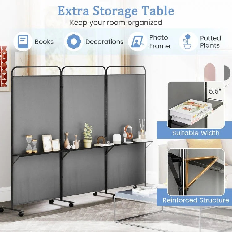 3-Panel Rolling Privacy Screen with 3 Metal Shelves and 180° Swivel Hinges - Grey
