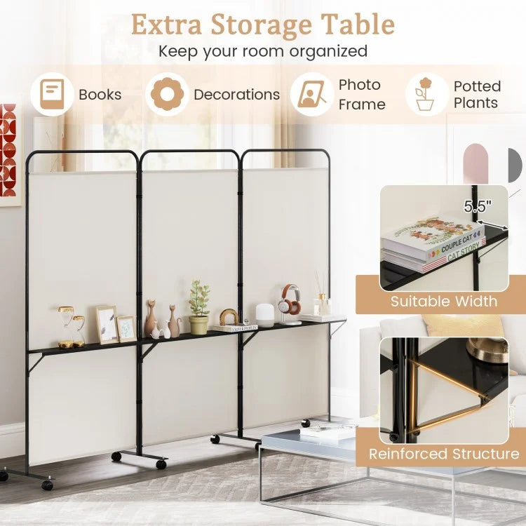 3-Panel Rolling Privacy Screen with 3 Metal Shelves and 180° Swivel Hinges - Beige