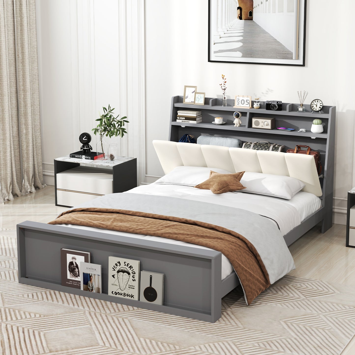 Modern Full Size Upholstered Platform Bed Frame with Storage Headboard and Footboard Shelves