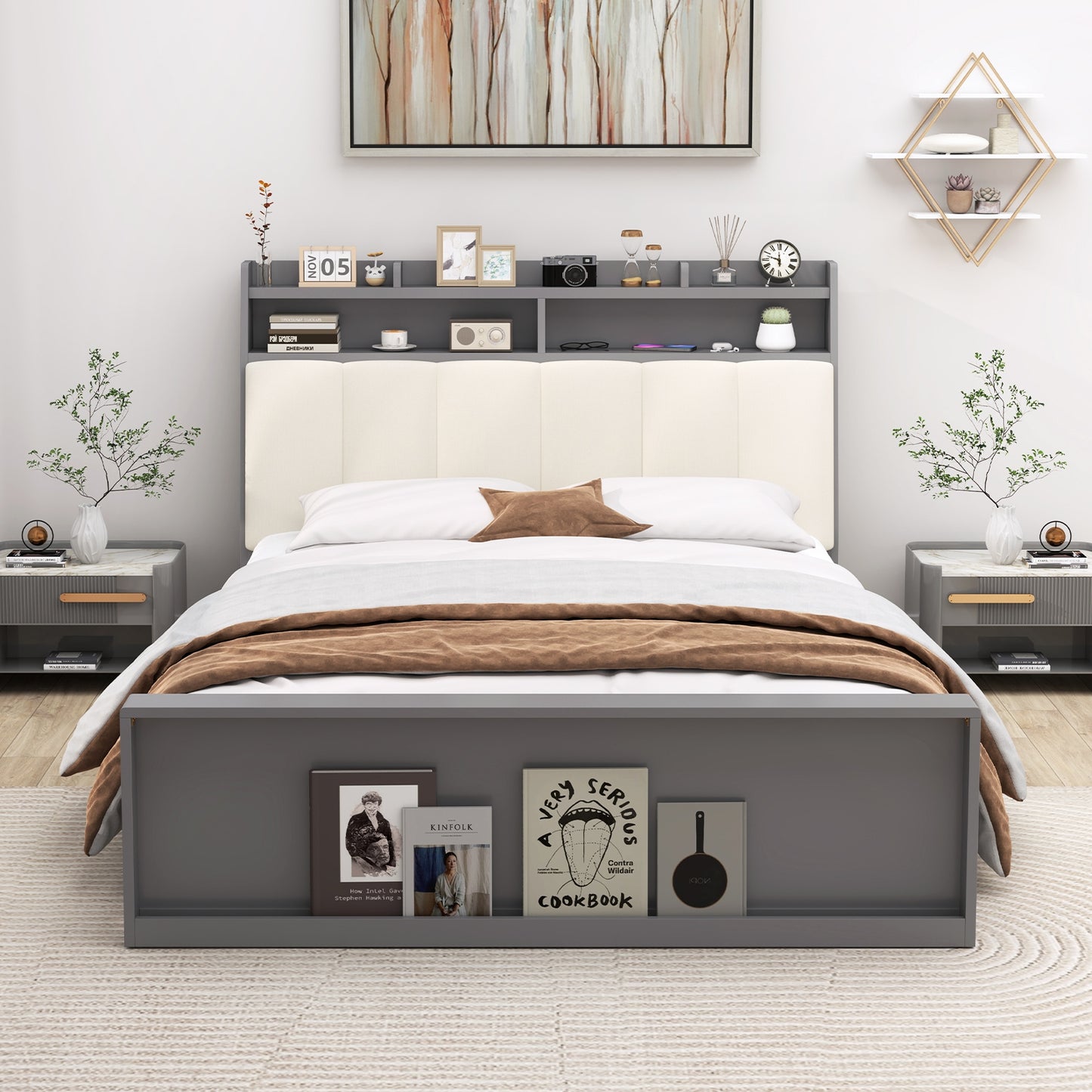 Modern Full Size Upholstered Platform Bed Frame with Storage Headboard and Footboard Shelves