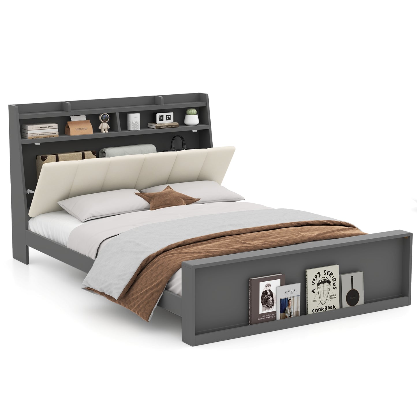 Modern Full Size Upholstered Platform Bed Frame with Storage Headboard and Footboard Shelves