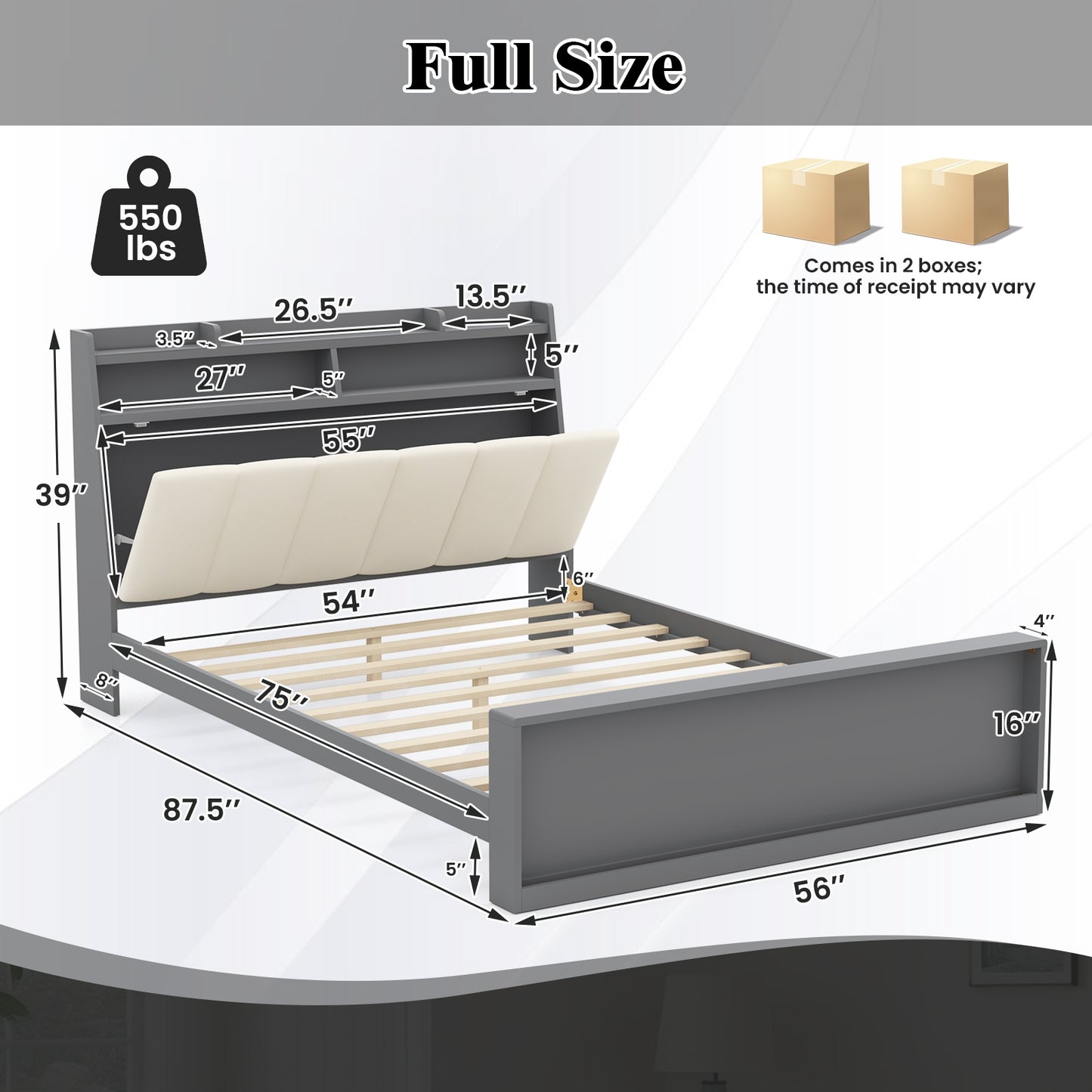 Modern Full Size Upholstered Platform Bed Frame with Storage Headboard and Footboard Shelves
