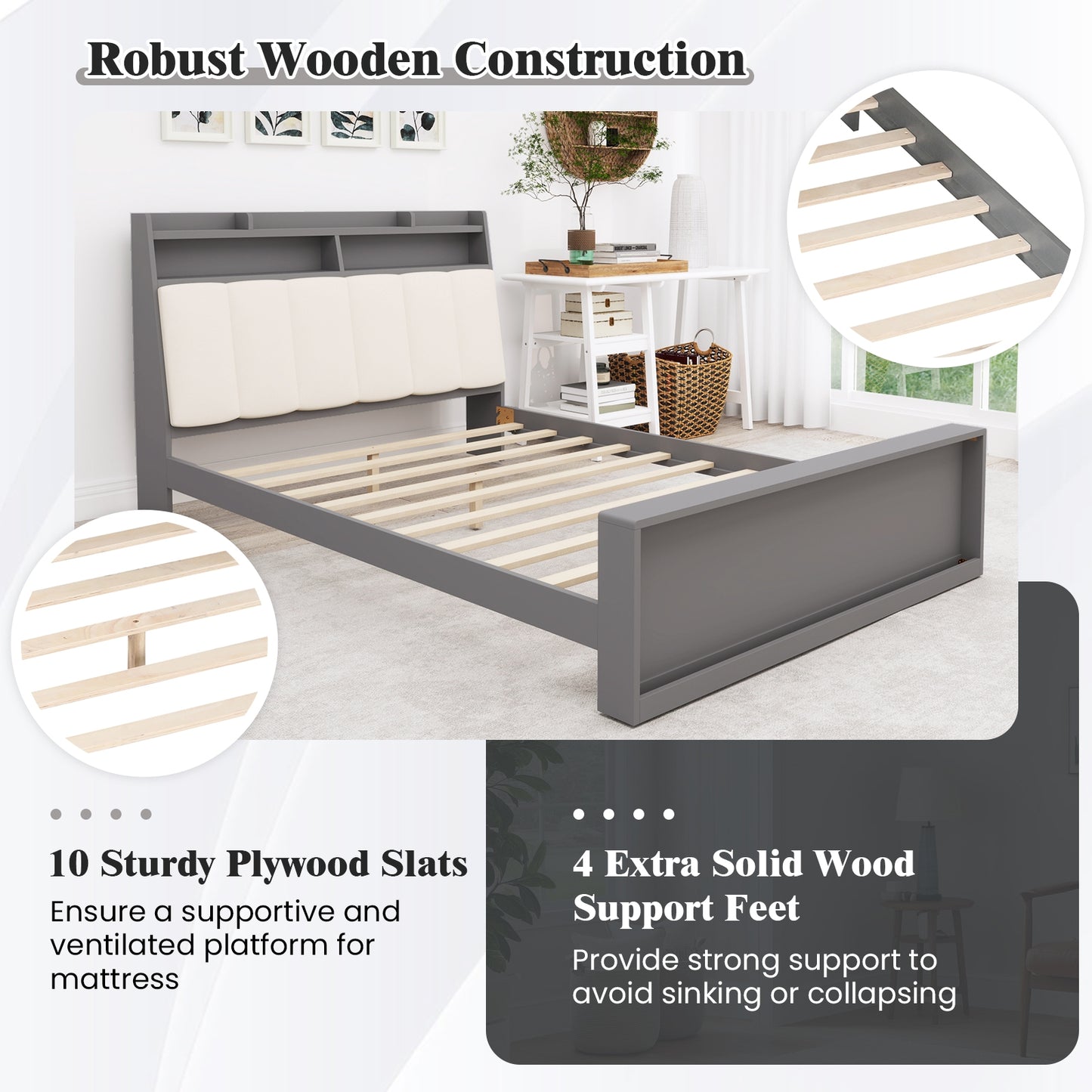 Modern Full Size Upholstered Platform Bed Frame with Storage Headboard and Footboard Shelves