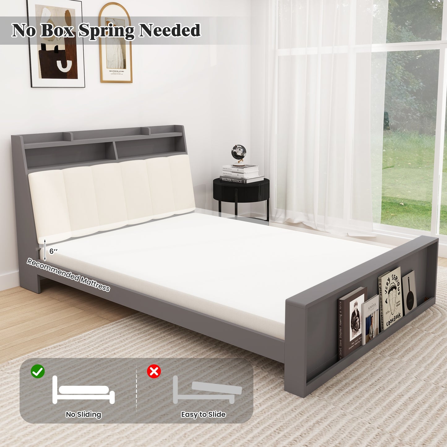 Modern Full Size Upholstered Platform Bed Frame with Storage Headboard and Footboard Shelves