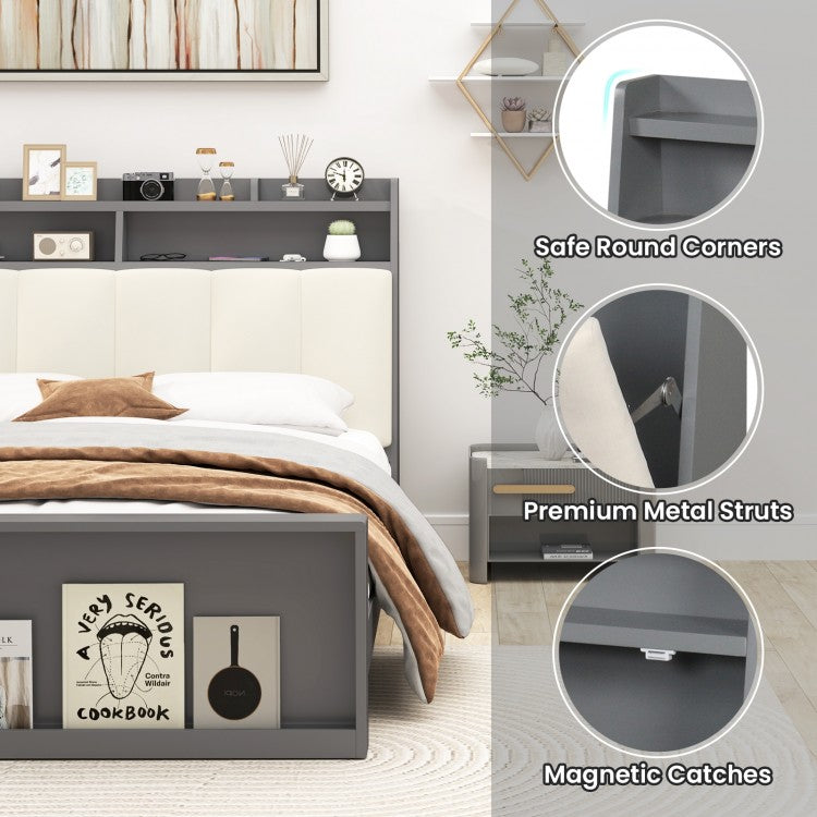 Modern Full Size Upholstered Platform Bed Frame with Storage Headboard and Footboard Shelves