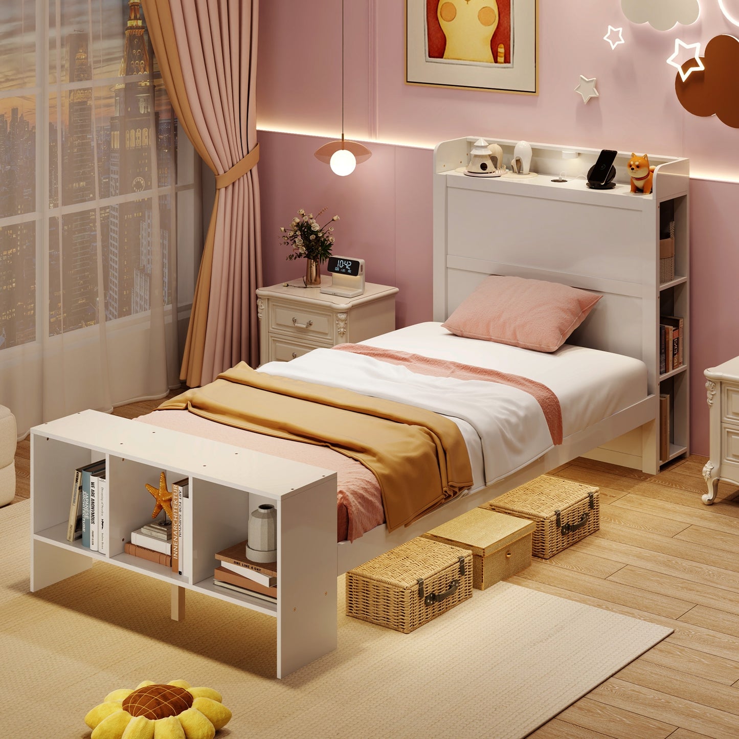 Wood Platform Bed Frame with LED Light, USB Ports, and Storage Headboard - Twin