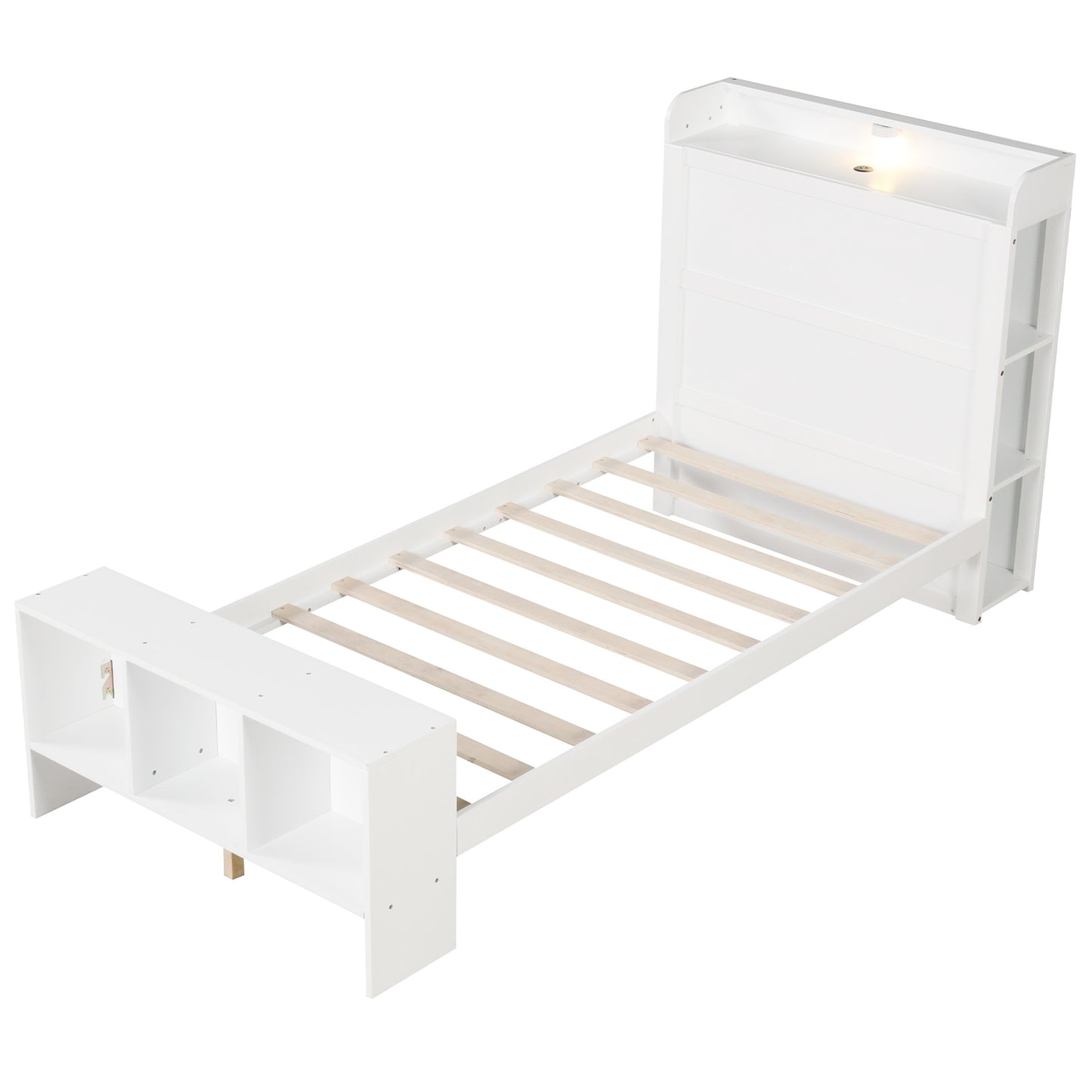 Wood Platform Bed Frame with LED Light, USB Ports, and Storage Headboard - Twin