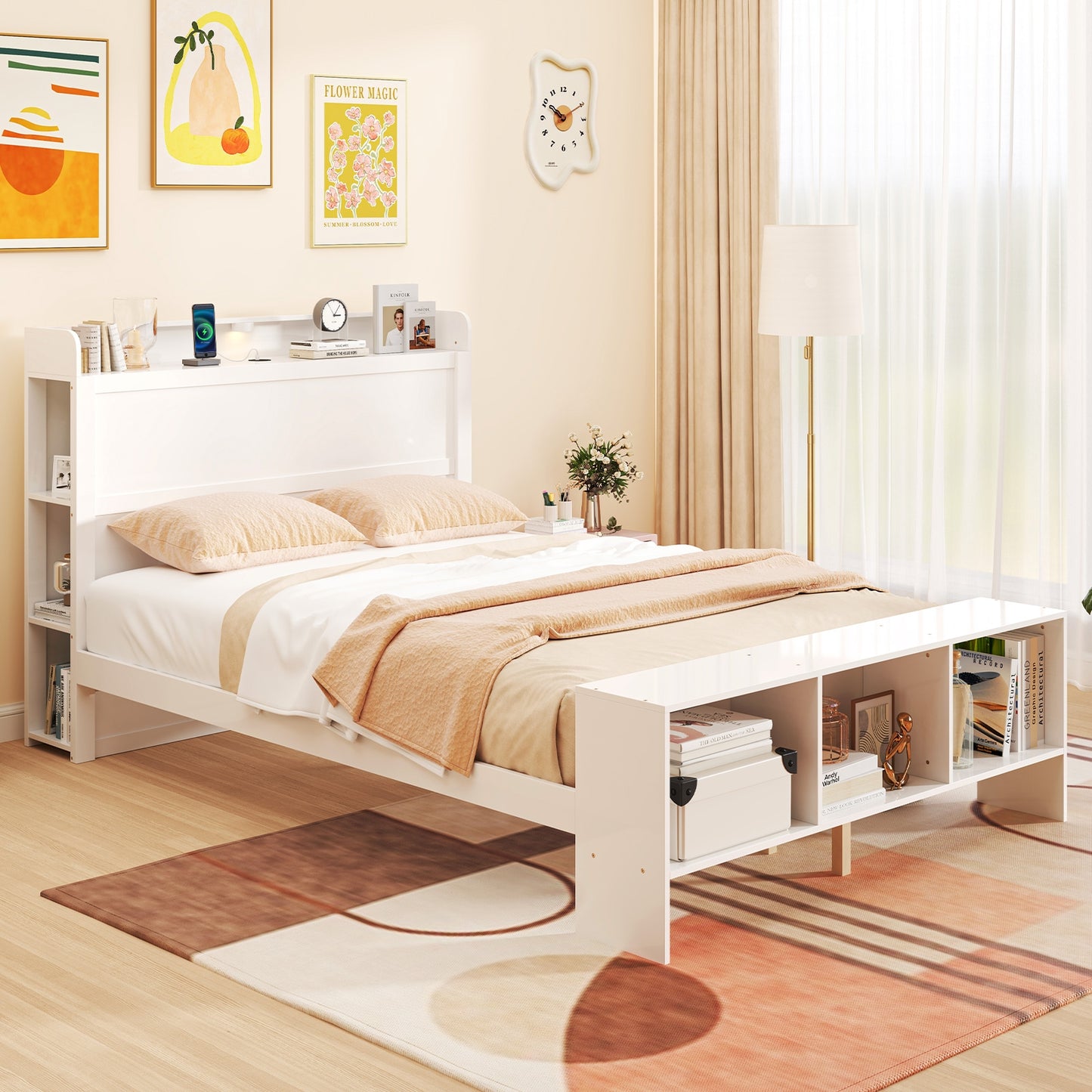 Wood Platform Bed Frame with LED Light, USB Ports, and Storage Headboard - Full Size