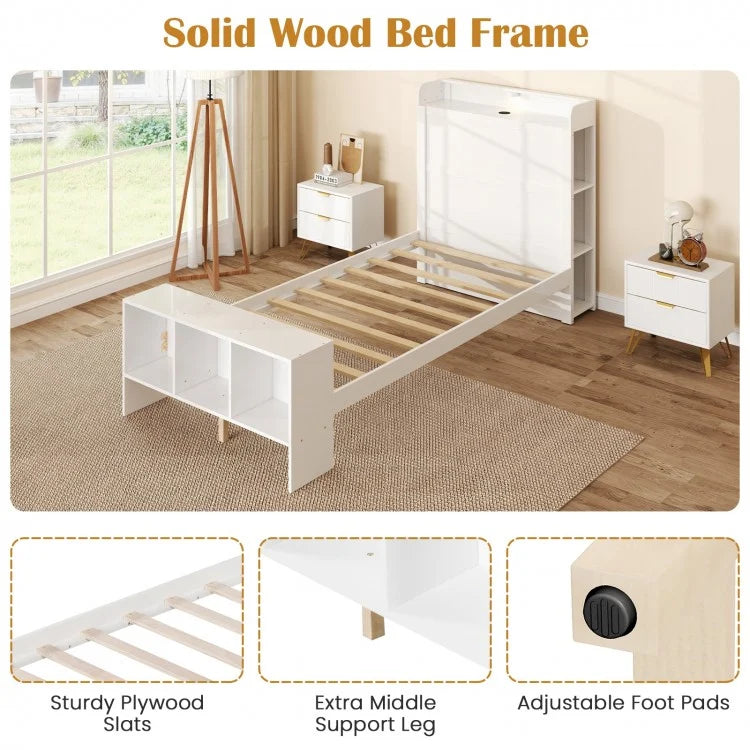 Wood Platform Bed Frame with LED Light, USB Ports, and Storage Headboard - Twin