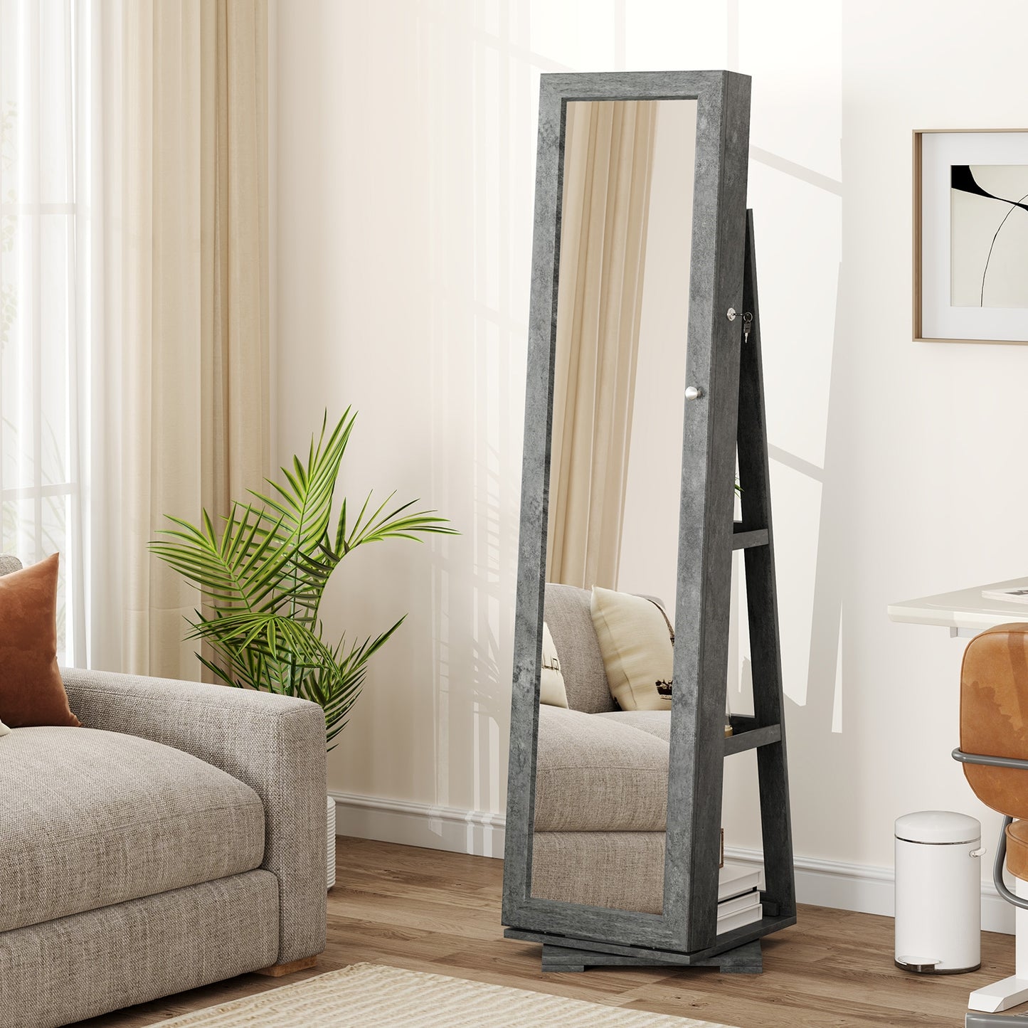 360 Degree Rotating Jewelry Armoire with Lockable Storage and Full Length Mirror in Green