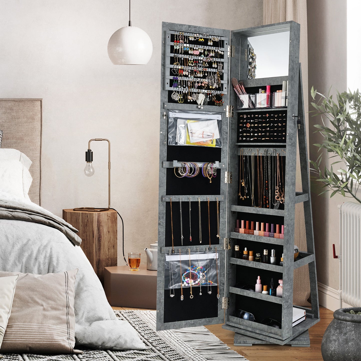 360 Degree Rotating Jewelry Armoire with Lockable Storage and Full Length Mirror in Green