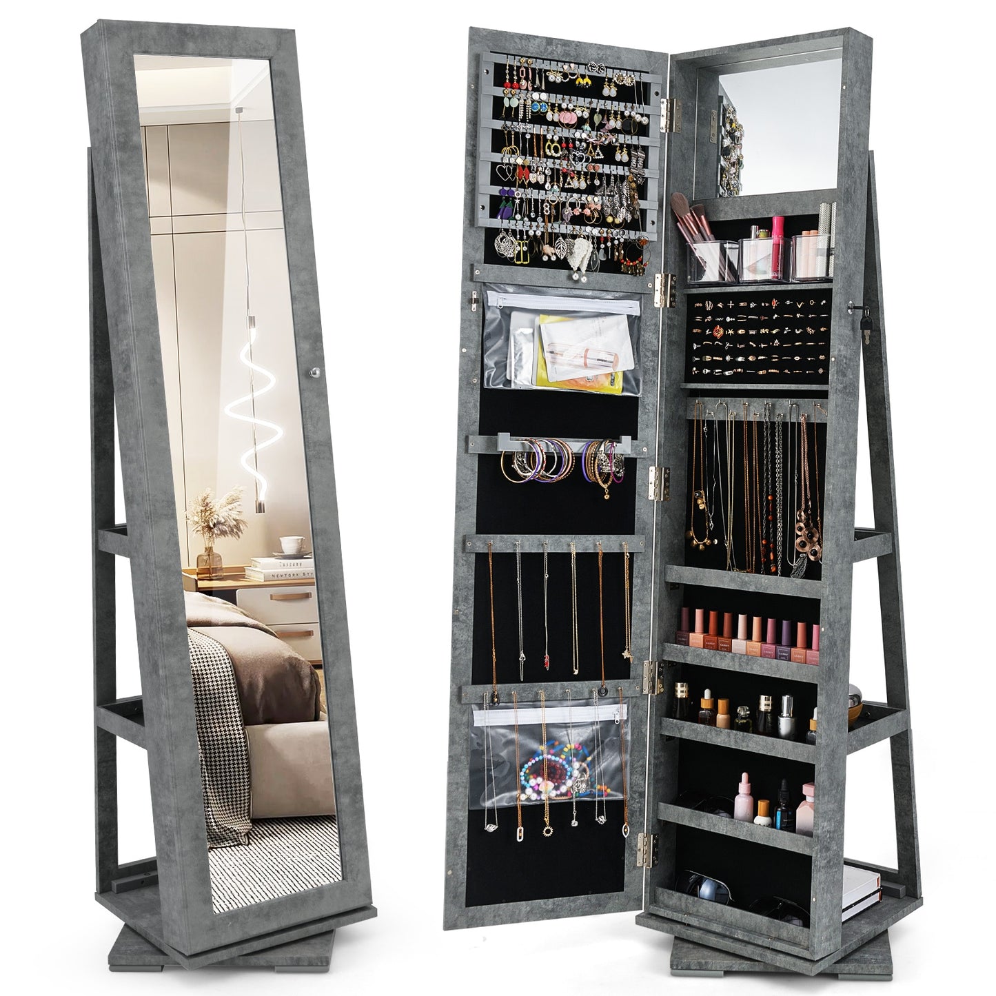 360 Degree Rotating Jewelry Armoire with Lockable Storage and Full Length Mirror in Green