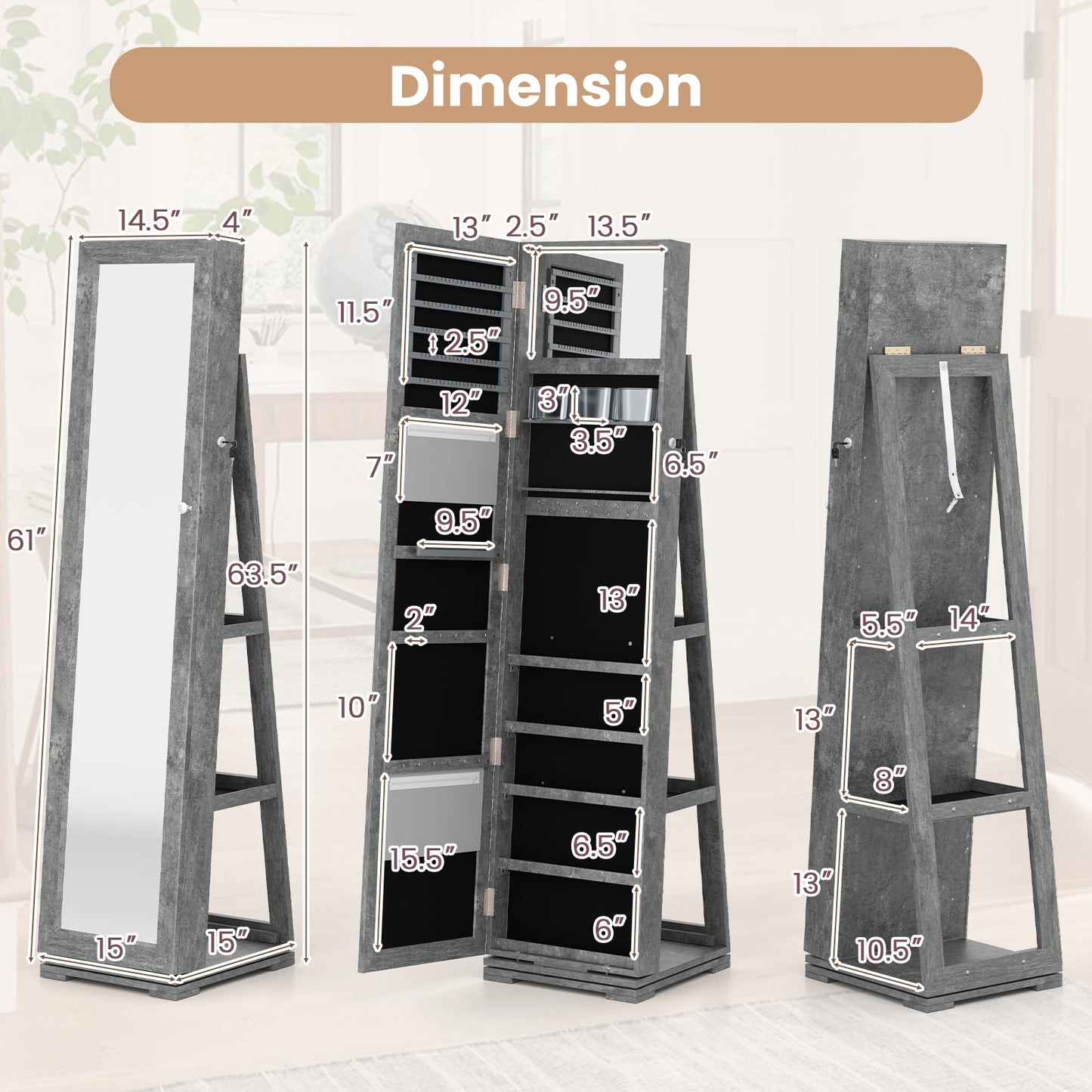 360 Degree Rotating Jewelry Armoire with Lockable Storage and Full Length Mirror in Green