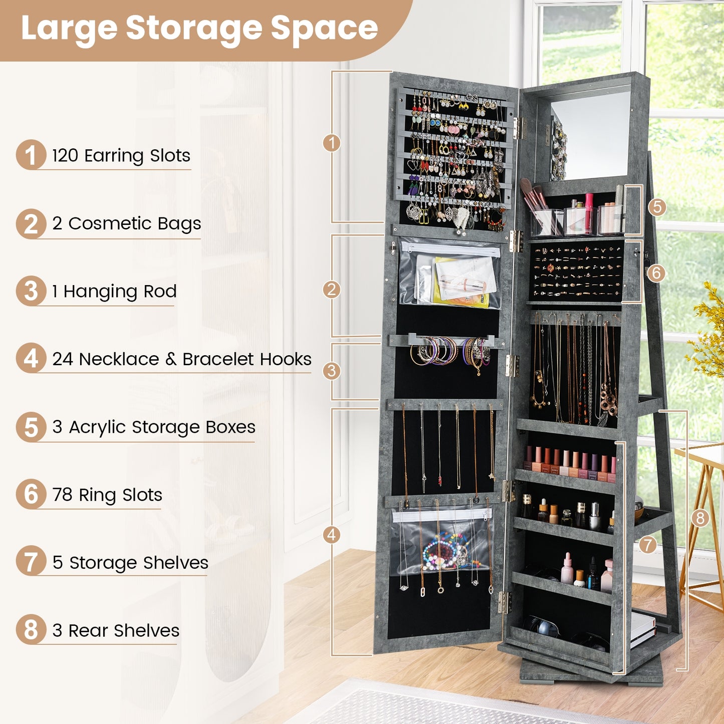 360 Degree Rotating Jewelry Armoire with Lockable Storage and Full Length Mirror in Green