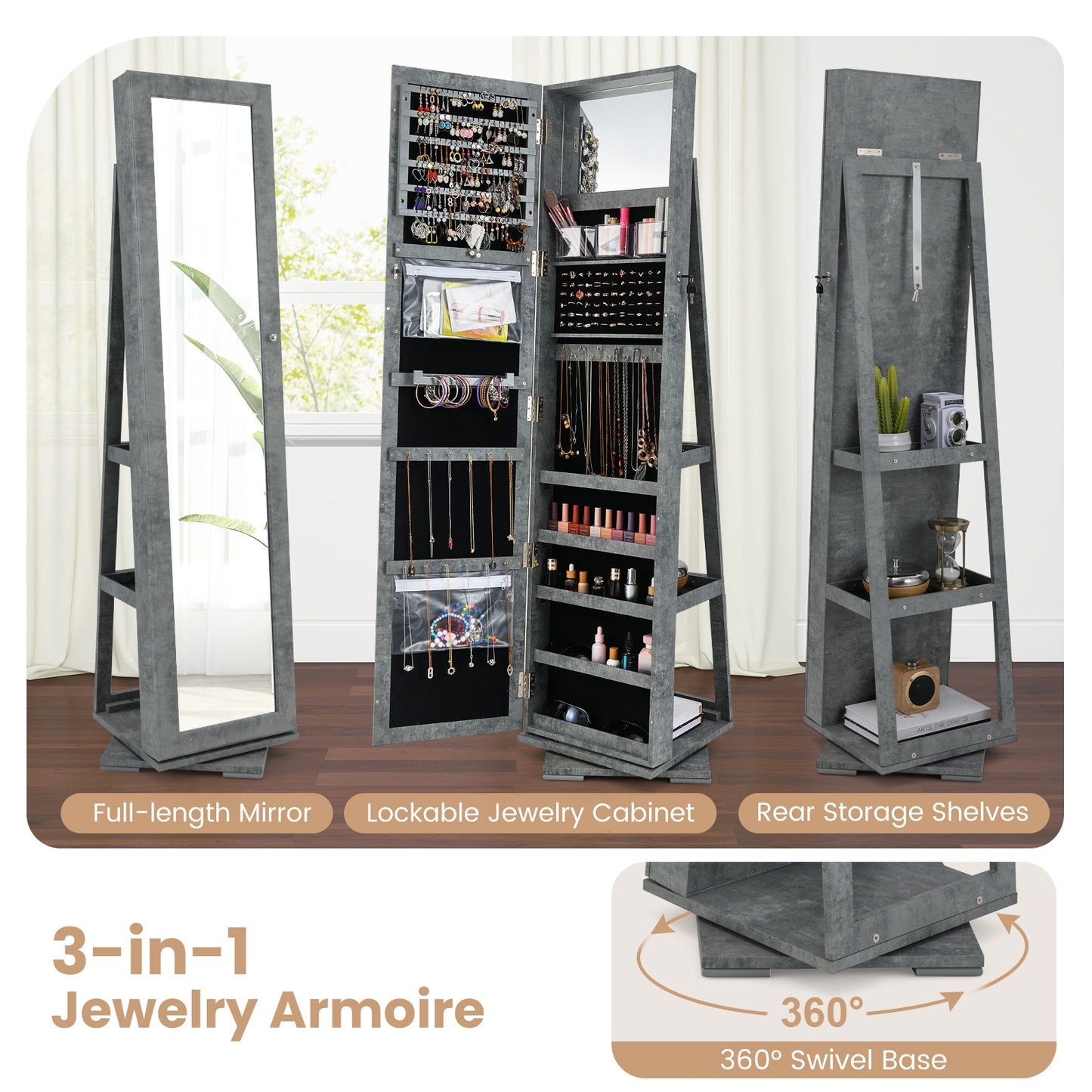 360 Degree Rotating Jewelry Armoire with Lockable Storage and Full Length Mirror in Green
