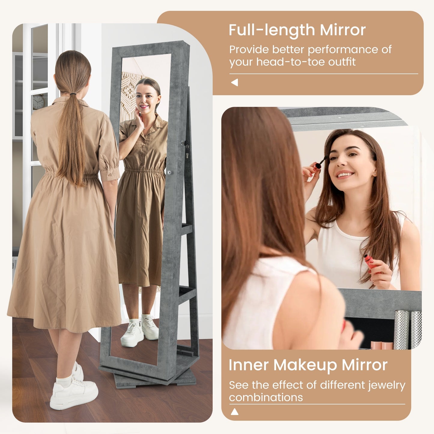 360 Degree Rotating Jewelry Armoire with Lockable Storage and Full Length Mirror in Green