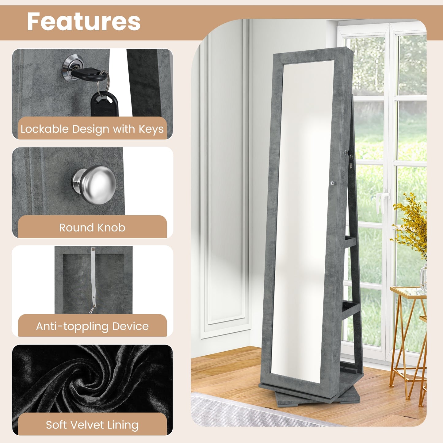 360 Degree Rotating Jewelry Armoire with Lockable Storage and Full Length Mirror in Green