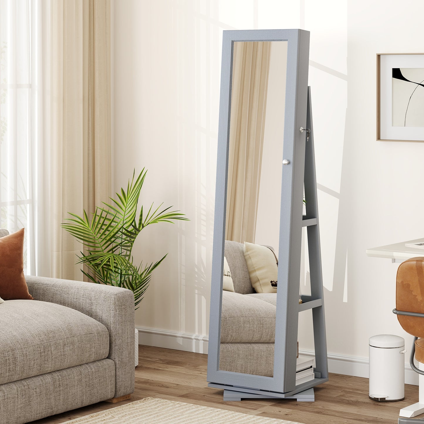360 Degree Rotating Jewelry Armoire with Lockable Storage and Full Length Mirror in Grey