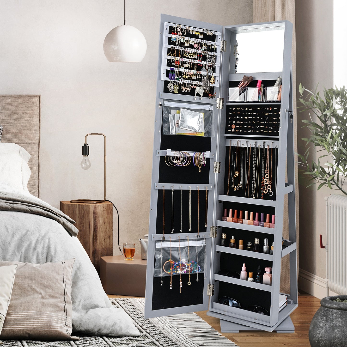 360 Degree Rotating Jewelry Armoire with Lockable Storage and Full Length Mirror in Grey