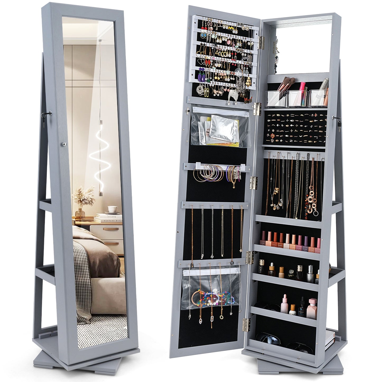 360 Degree Rotating Jewelry Armoire with Lockable Storage and Full Length Mirror in Grey