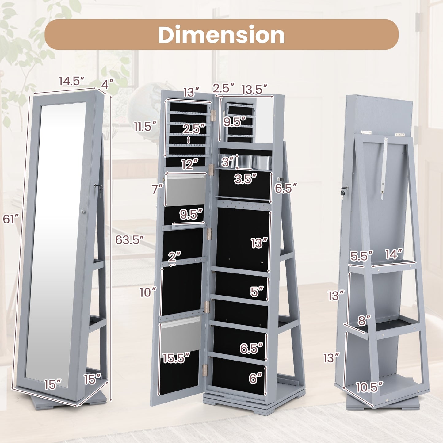 360 Degree Rotating Jewelry Armoire with Lockable Storage and Full Length Mirror in Grey