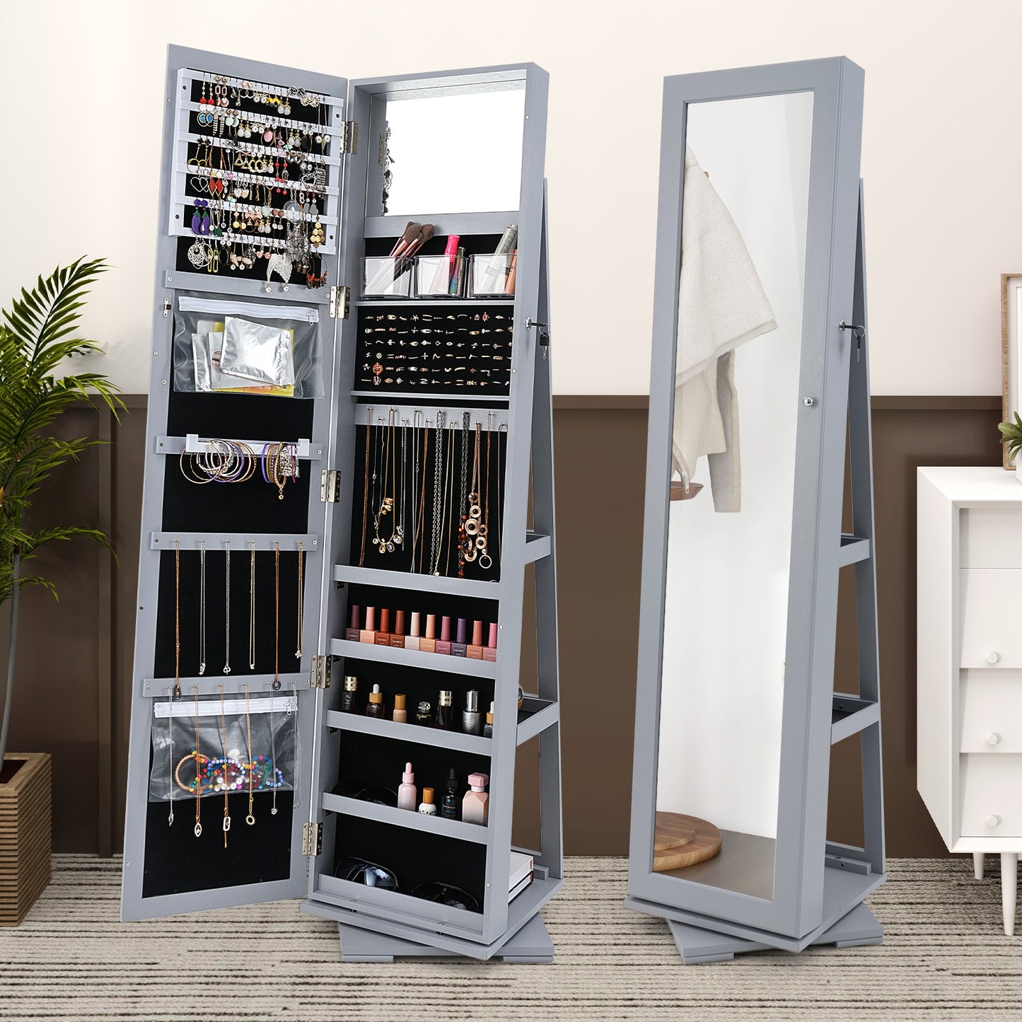 360 Degree Rotating Jewelry Armoire with Lockable Storage and Full Length Mirror in Grey