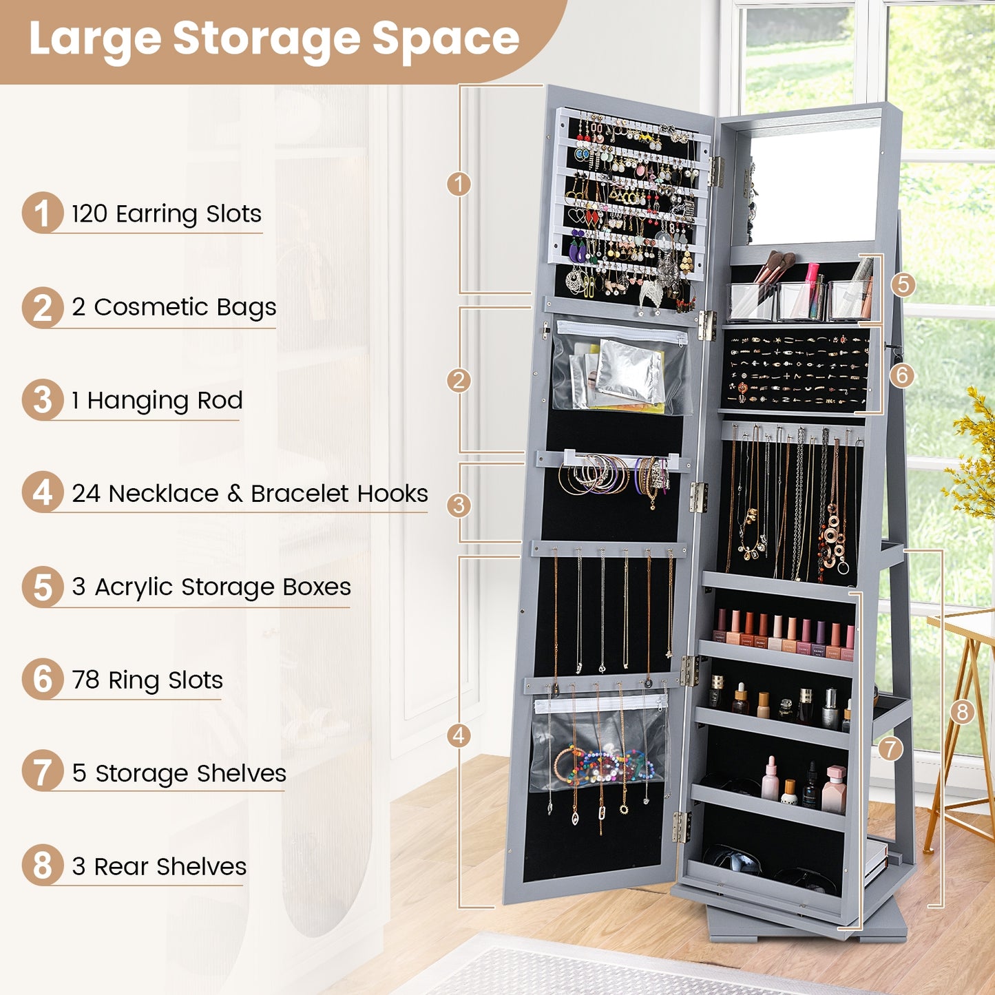 360 Degree Rotating Jewelry Armoire with Lockable Storage and Full Length Mirror in Grey