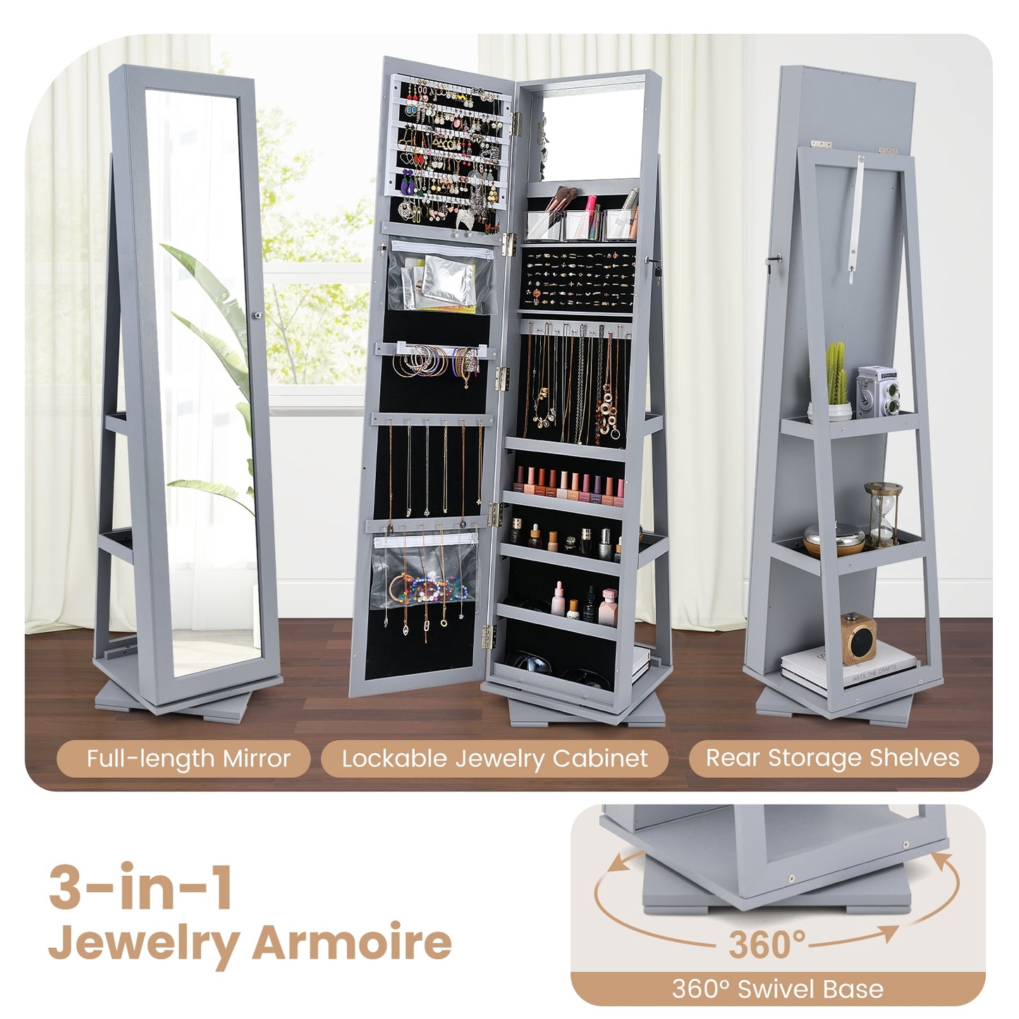 360 Degree Rotating Jewelry Armoire with Lockable Storage and Full Length Mirror in Grey