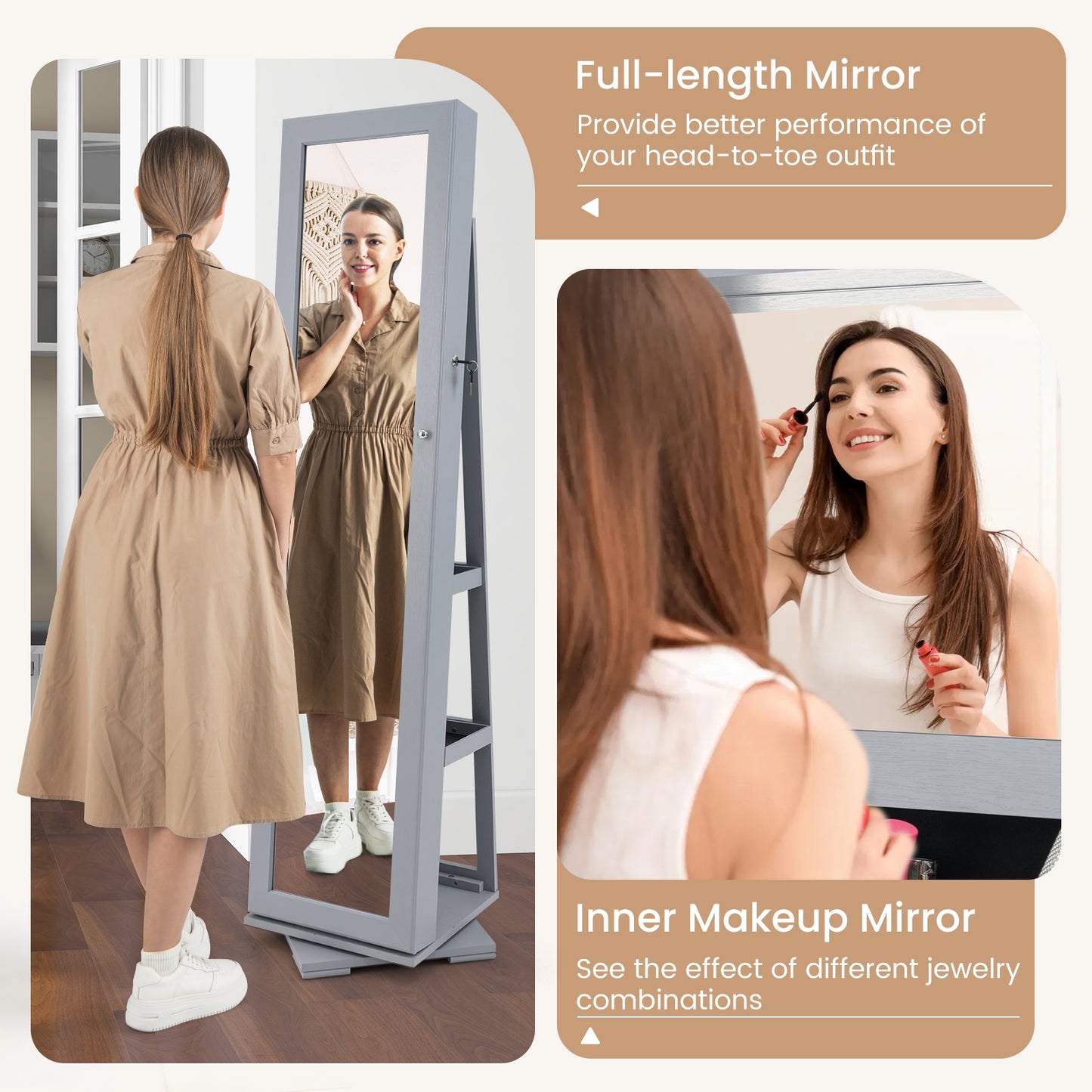 360 Degree Rotating Jewelry Armoire with Lockable Storage and Full Length Mirror in Grey