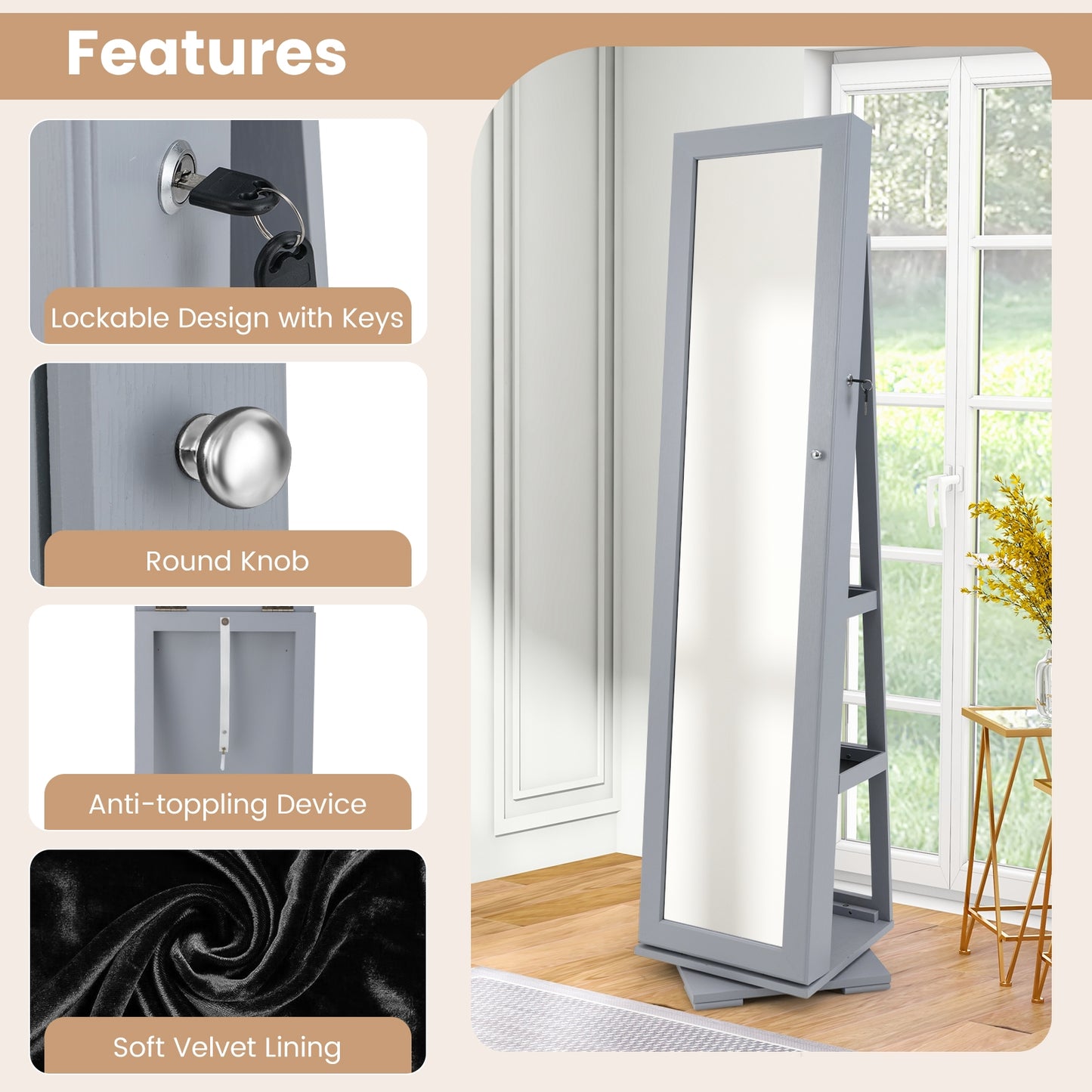 360 Degree Rotating Jewelry Armoire with Lockable Storage and Full Length Mirror in Grey