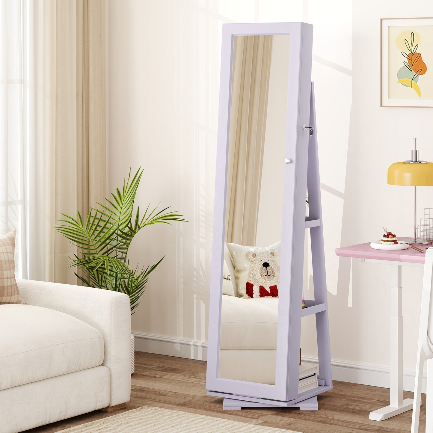 360 Degree Rotating Jewelry Armoire with Lockable Storage and Full Length Mirror in Purple