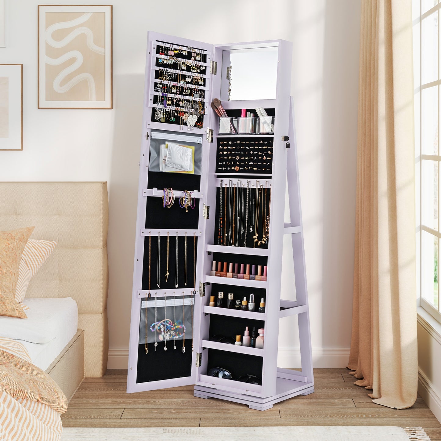360 Degree Rotating Jewelry Armoire with Lockable Storage and Full Length Mirror in Purple