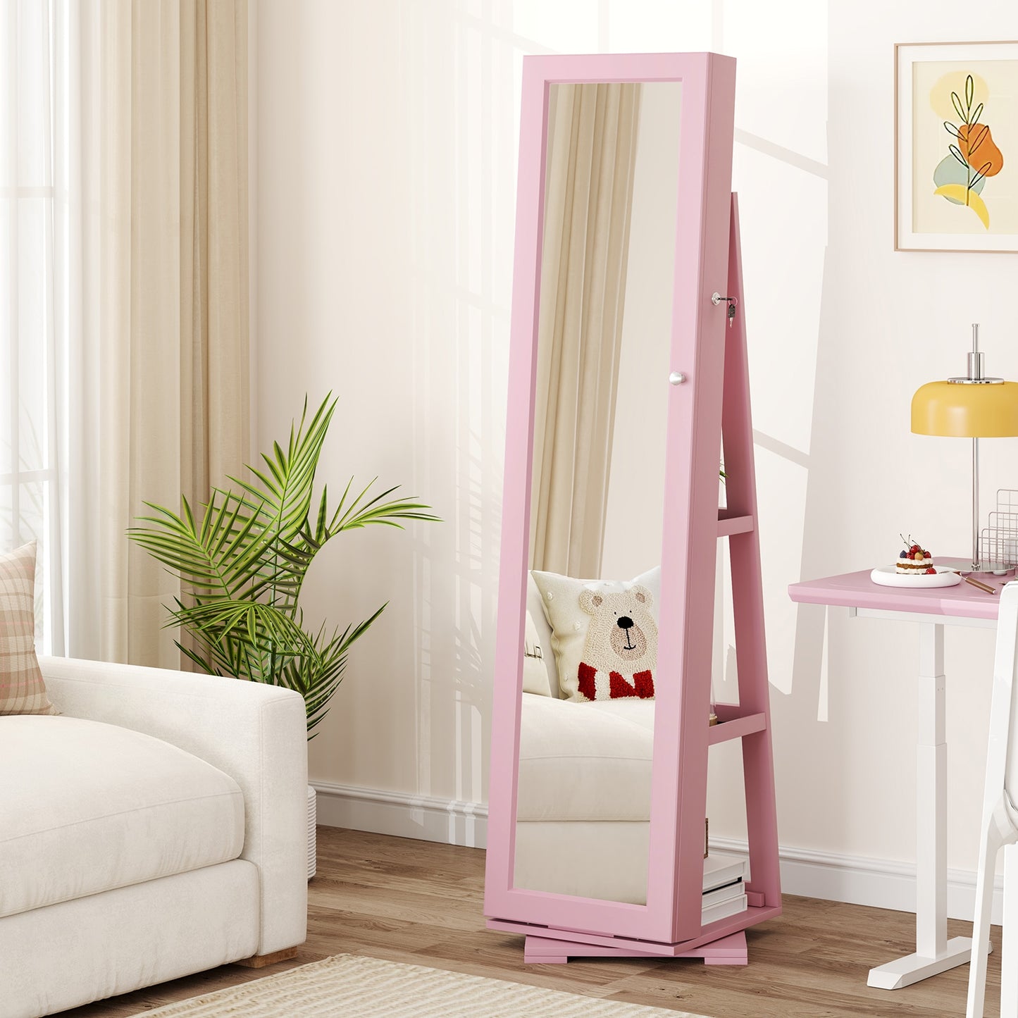 360 Degree Rotating Jewelry Armoire with Lockable Storage and Full Length Mirror in Pink