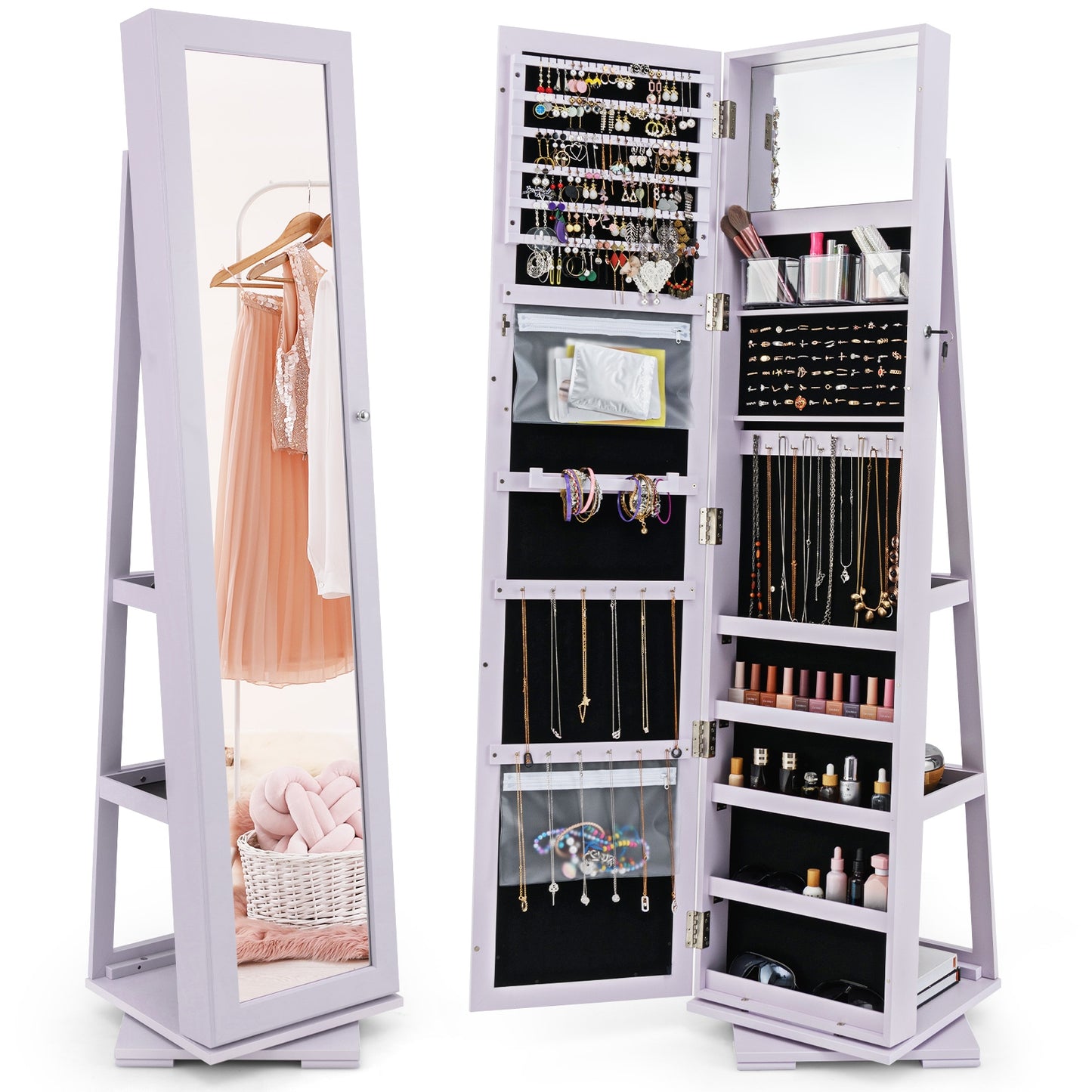 360 Degree Rotating Jewelry Armoire with Lockable Storage and Full Length Mirror in Purple