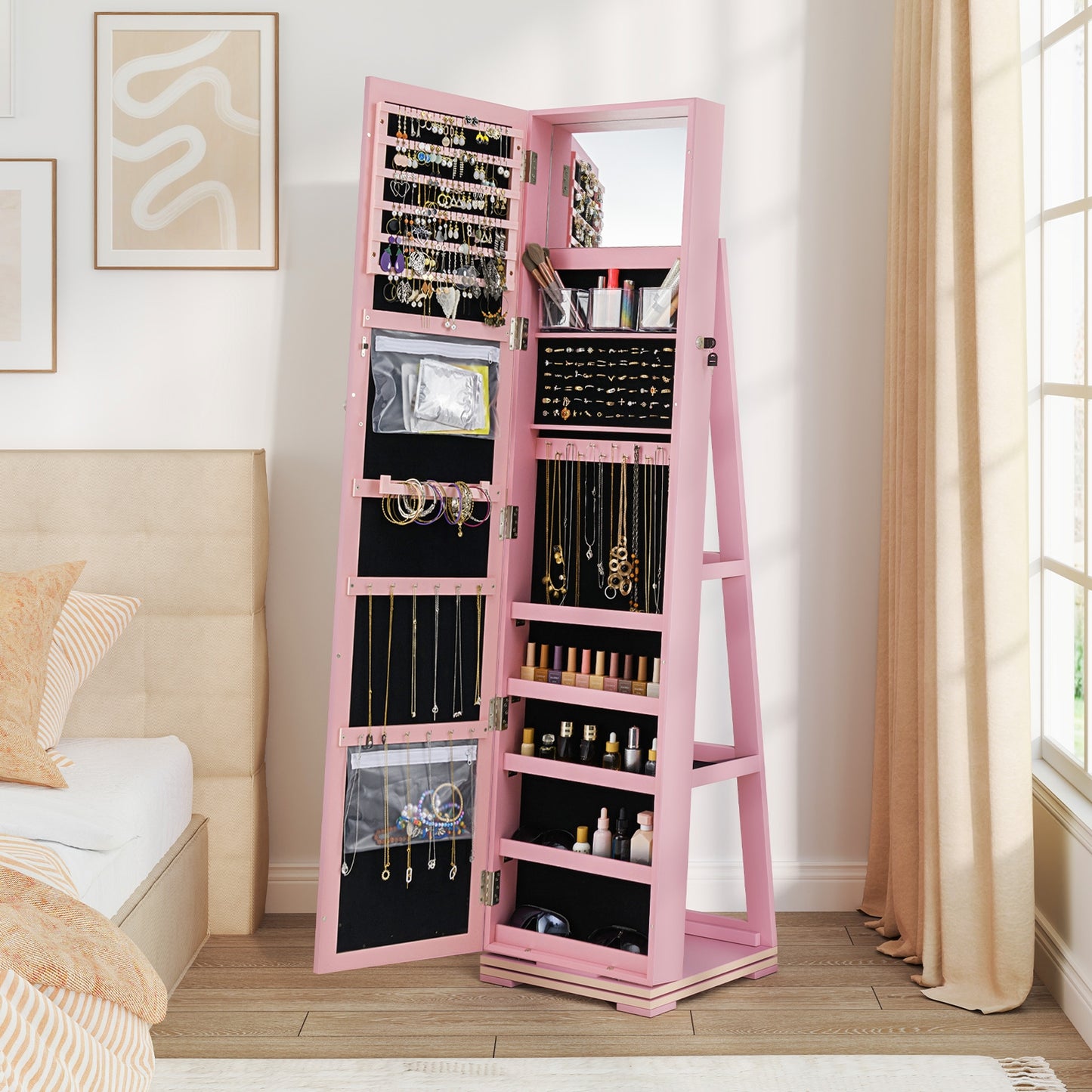 360 Degree Rotating Jewelry Armoire with Lockable Storage and Full Length Mirror in Pink