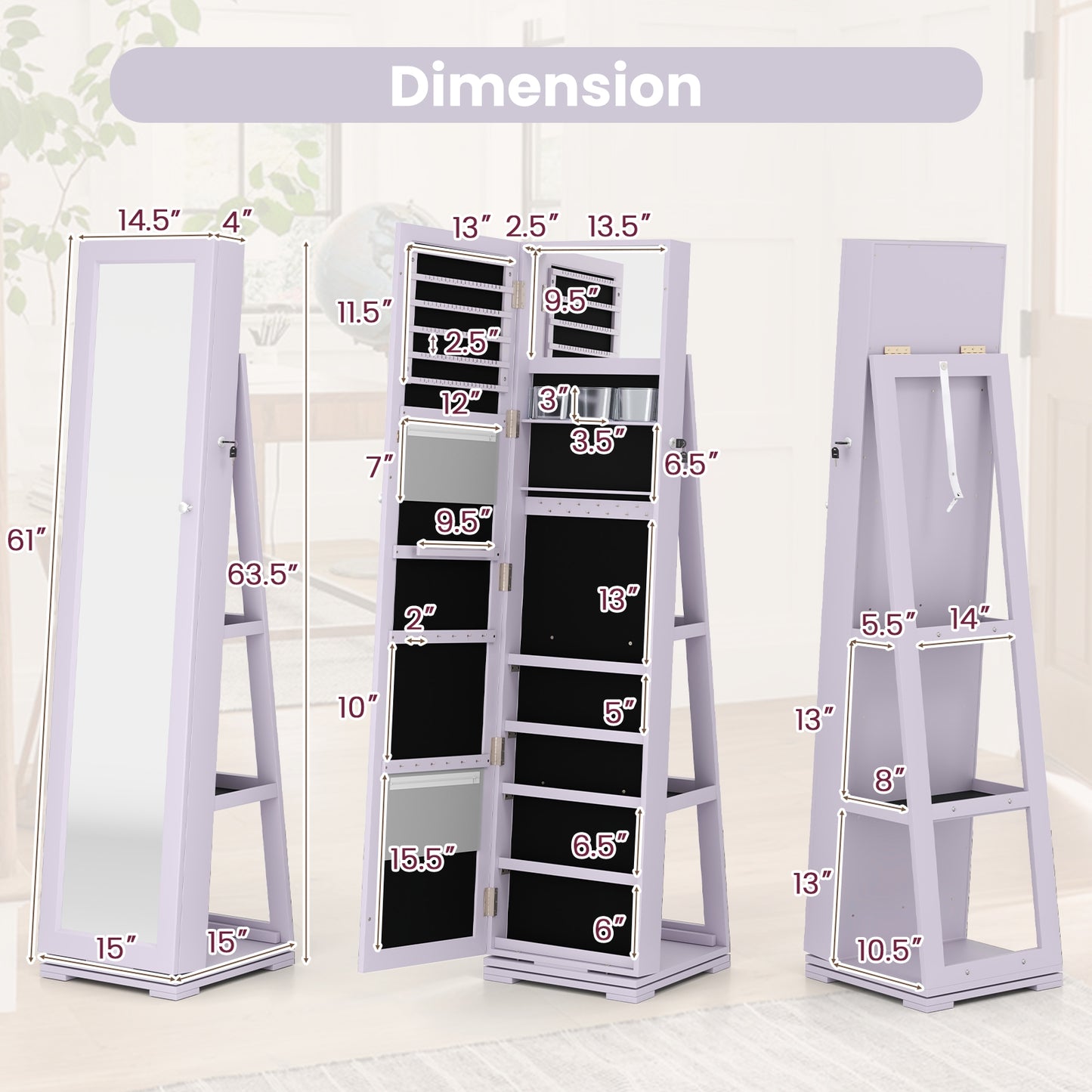 360 Degree Rotating Jewelry Armoire with Lockable Storage and Full Length Mirror in Purple