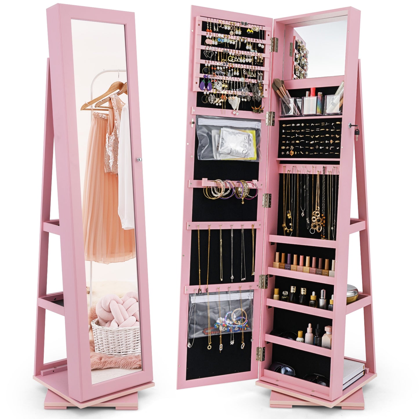 360 Degree Rotating Jewelry Armoire with Lockable Storage and Full Length Mirror in Pink