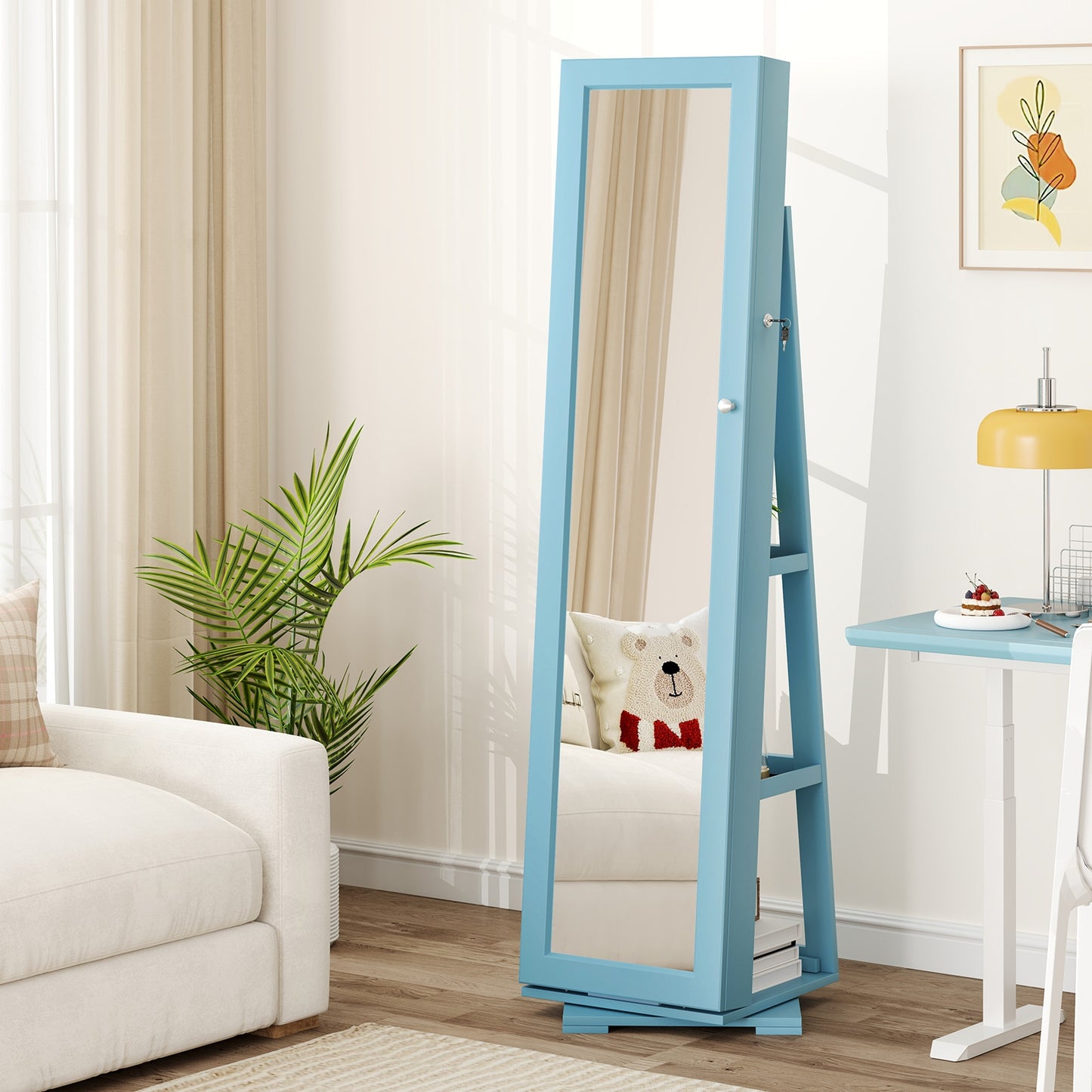 360 Degree Rotating Jewelry Armoire with Lockable Storage and Full Length Mirror in Blue