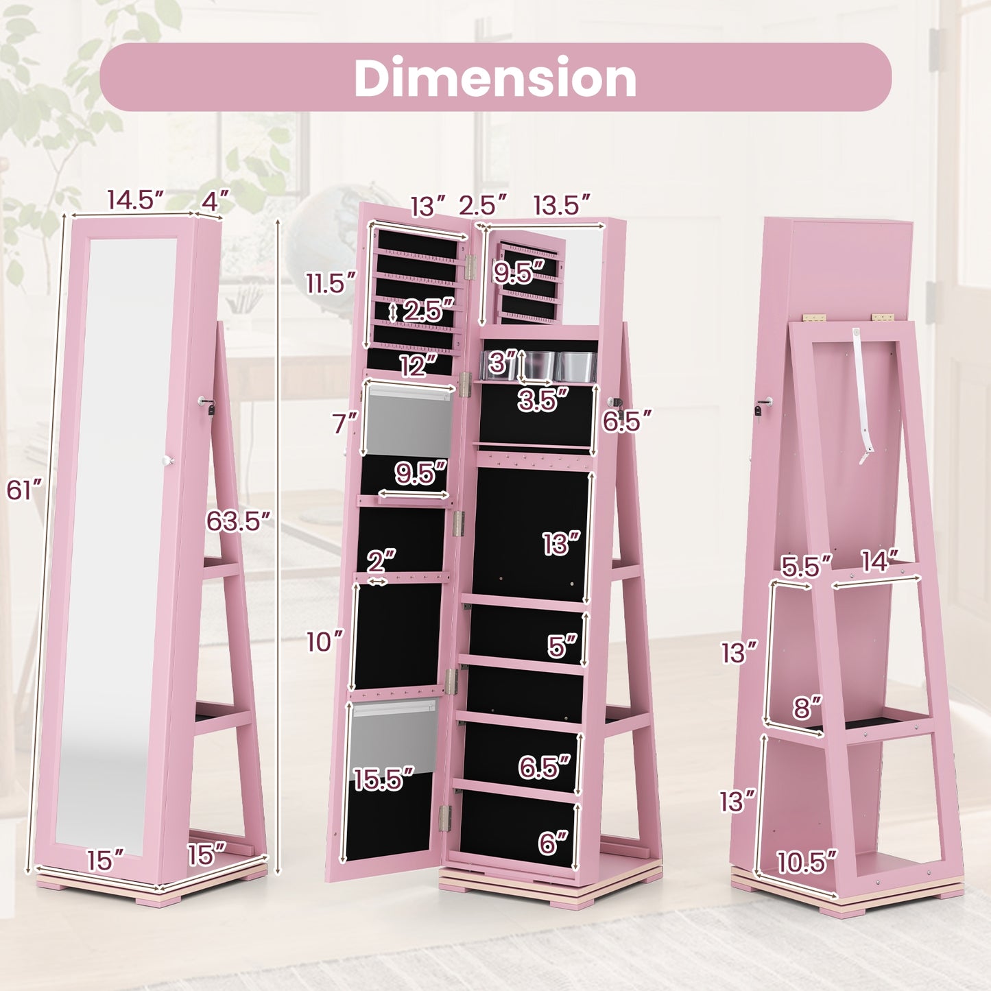 360 Degree Rotating Jewelry Armoire with Lockable Storage and Full Length Mirror in Pink