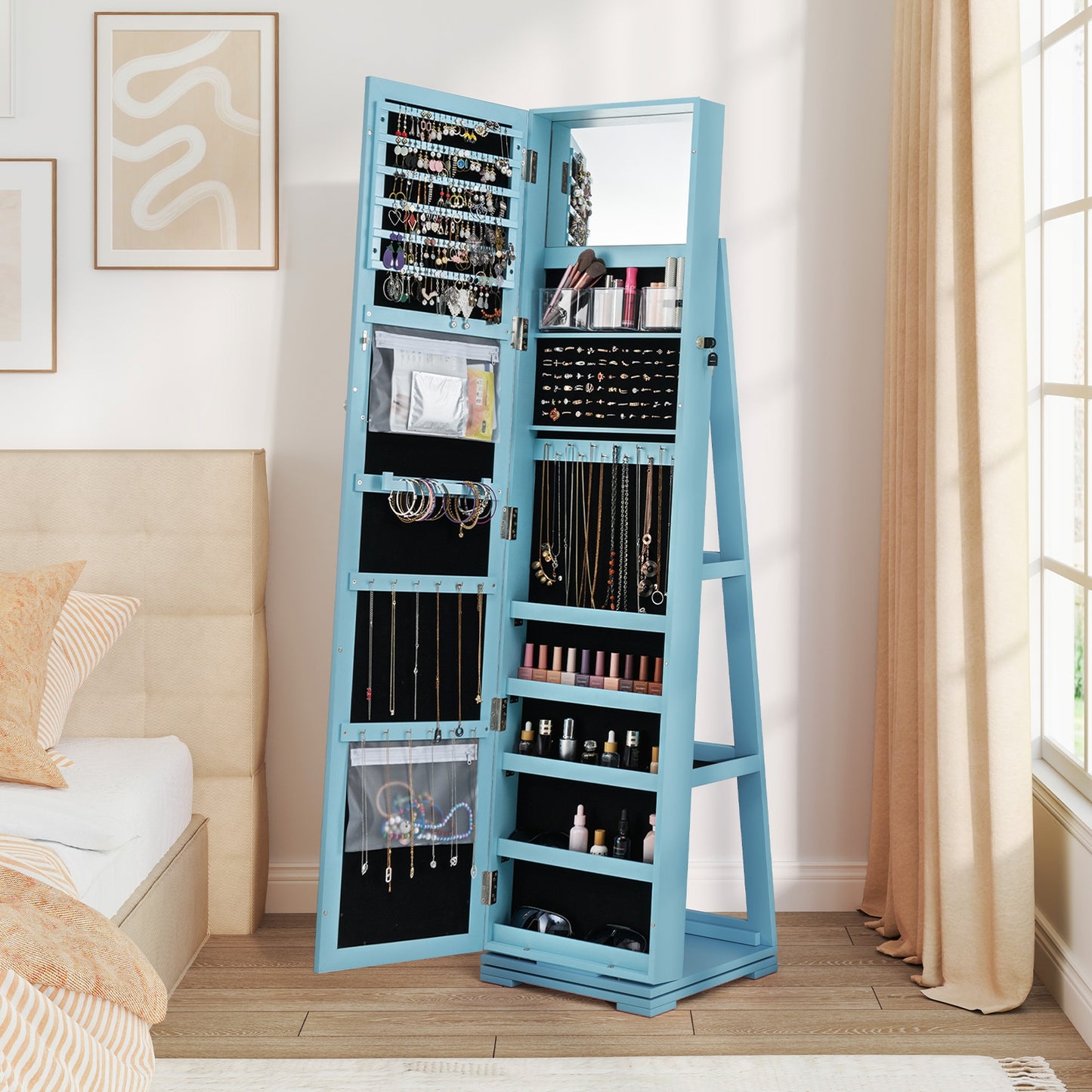 360 Degree Rotating Jewelry Armoire with Lockable Storage and Full Length Mirror in Blue