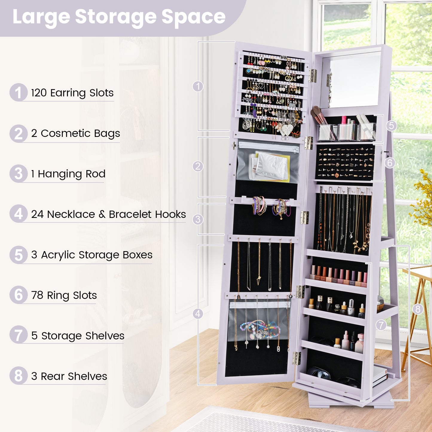 360 Degree Rotating Jewelry Armoire with Lockable Storage and Full Length Mirror in Purple