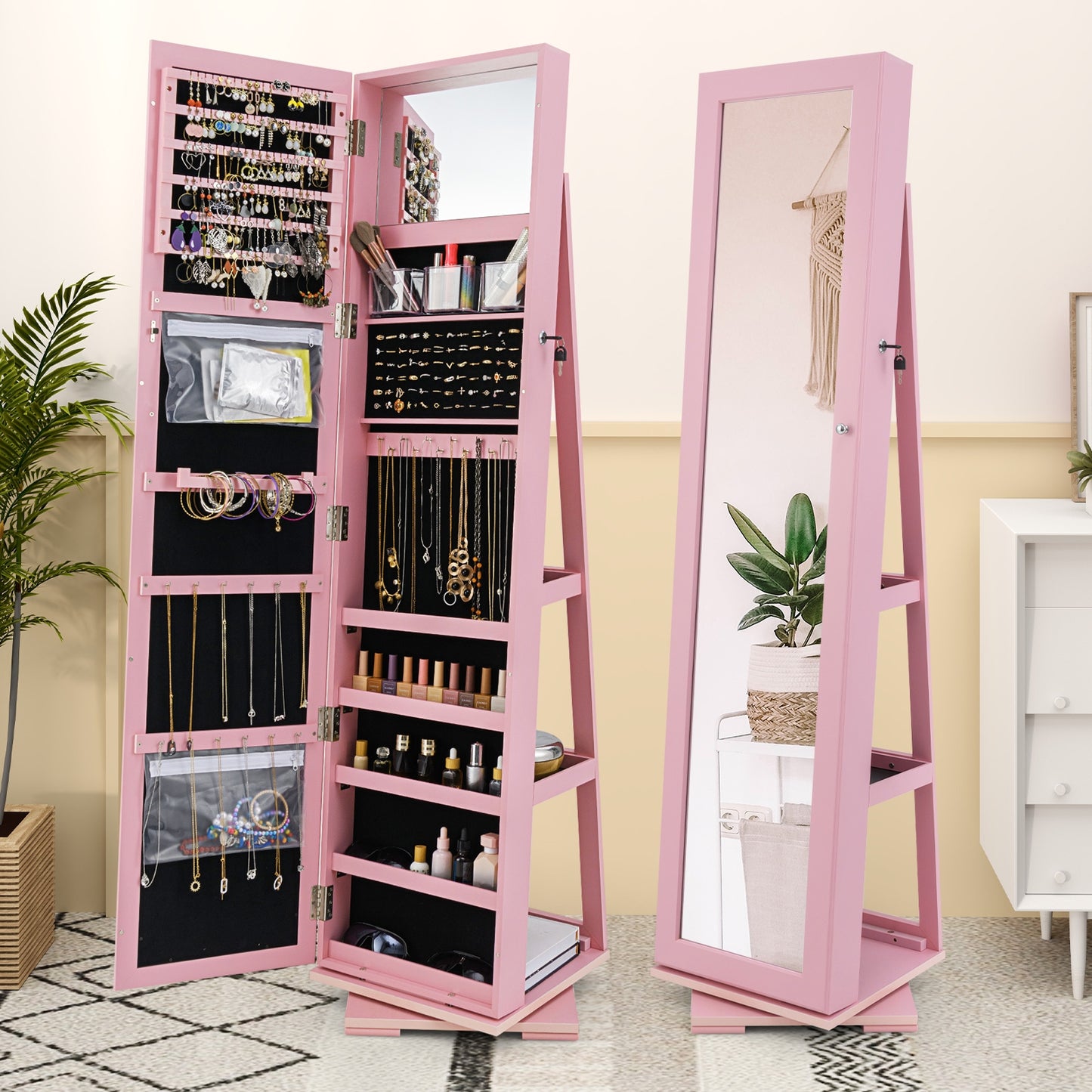 360 Degree Rotating Jewelry Armoire with Lockable Storage and Full Length Mirror in Pink