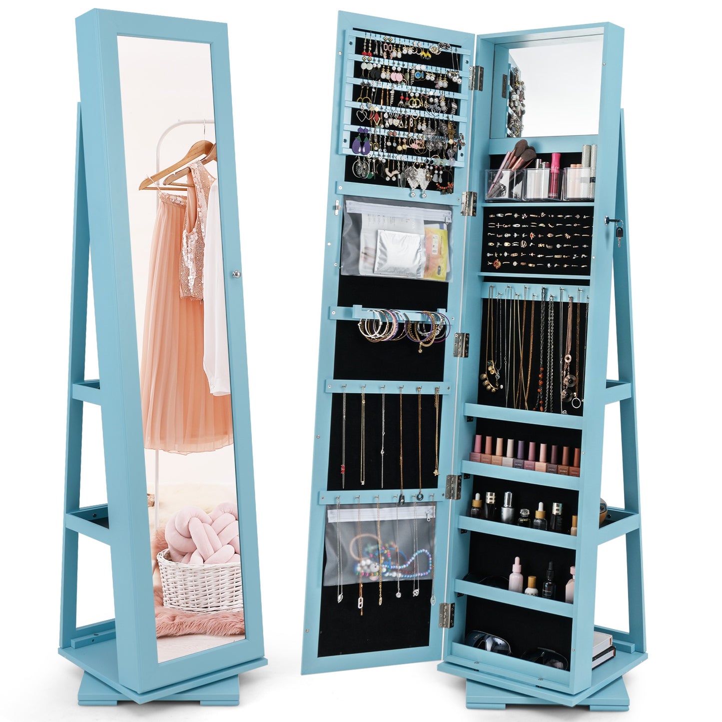 360 Degree Rotating Jewelry Armoire with Lockable Storage and Full Length Mirror in Blue
